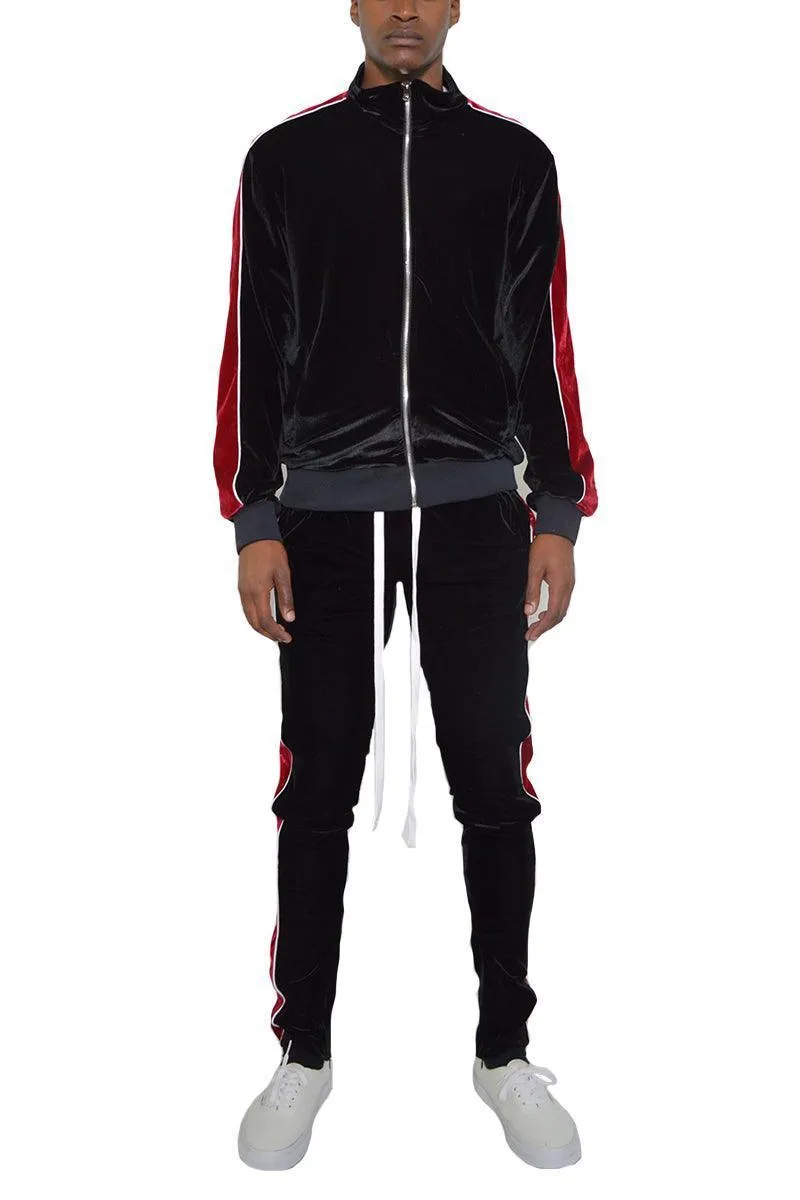 Mens Black Red Velour Track Set Zip Front Jacket Pants