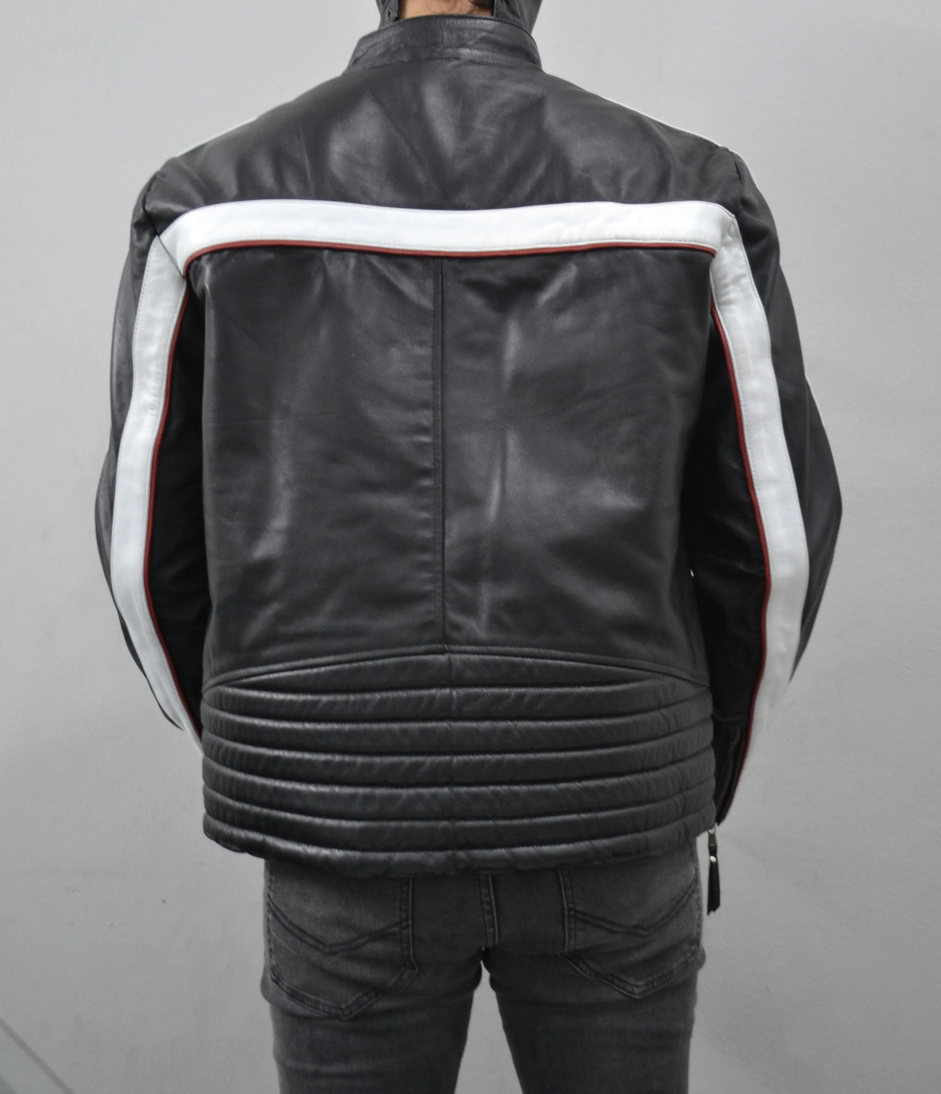 Men's Black Striped Design Cafe Racer Genuine Leather Jacket