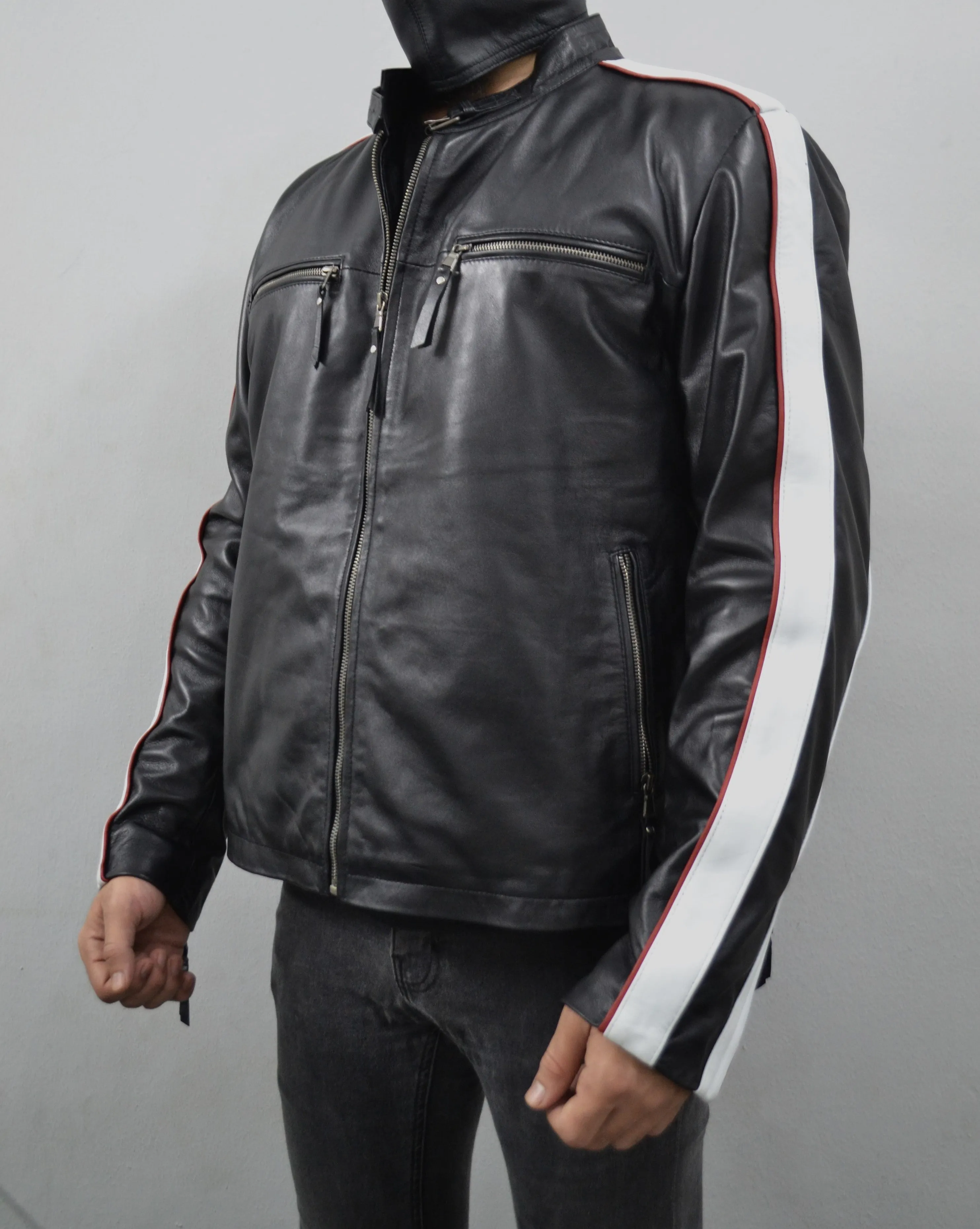 Men's Black Striped Design Cafe Racer Genuine Leather Jacket