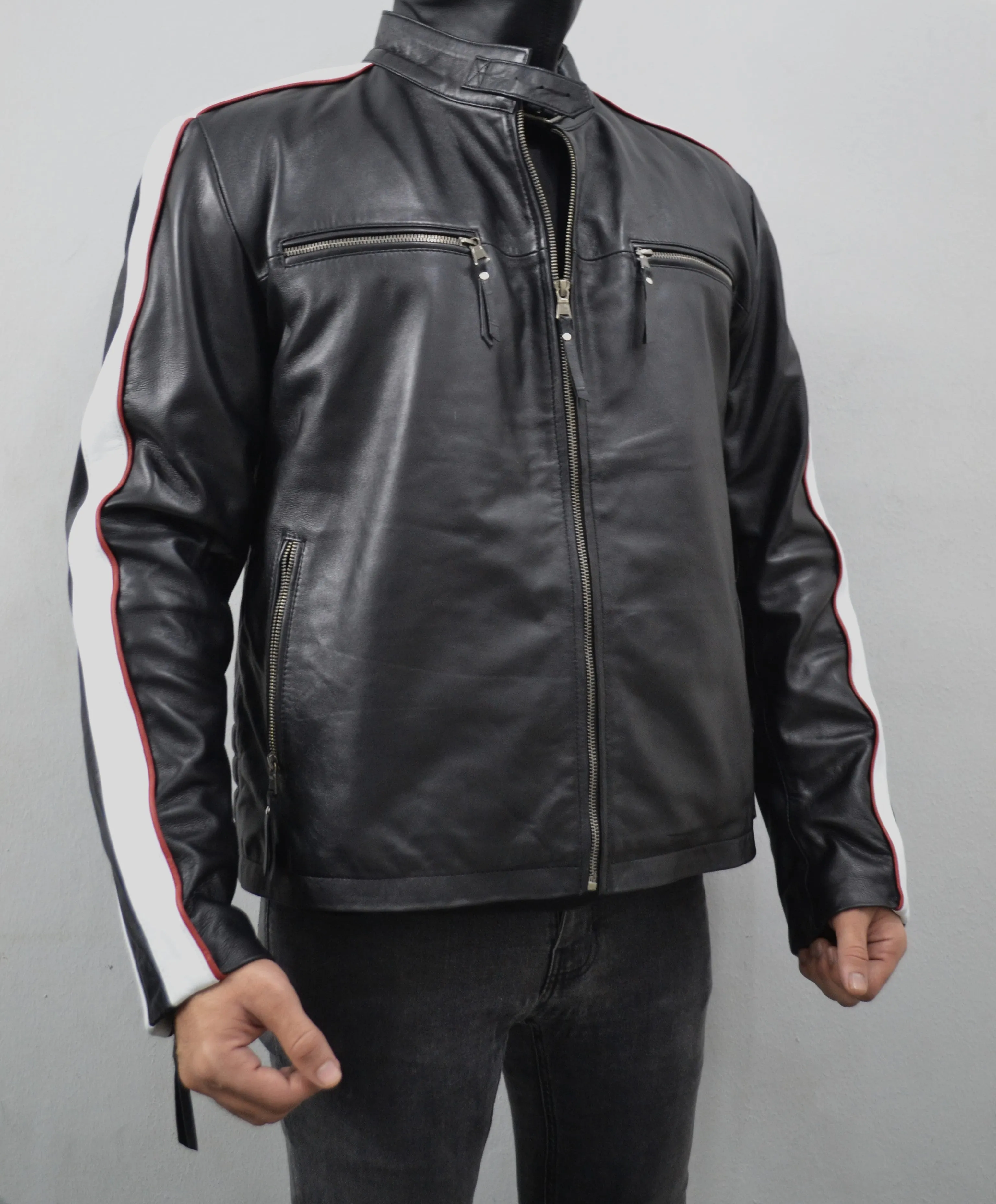 Men's Black Striped Design Cafe Racer Genuine Leather Jacket