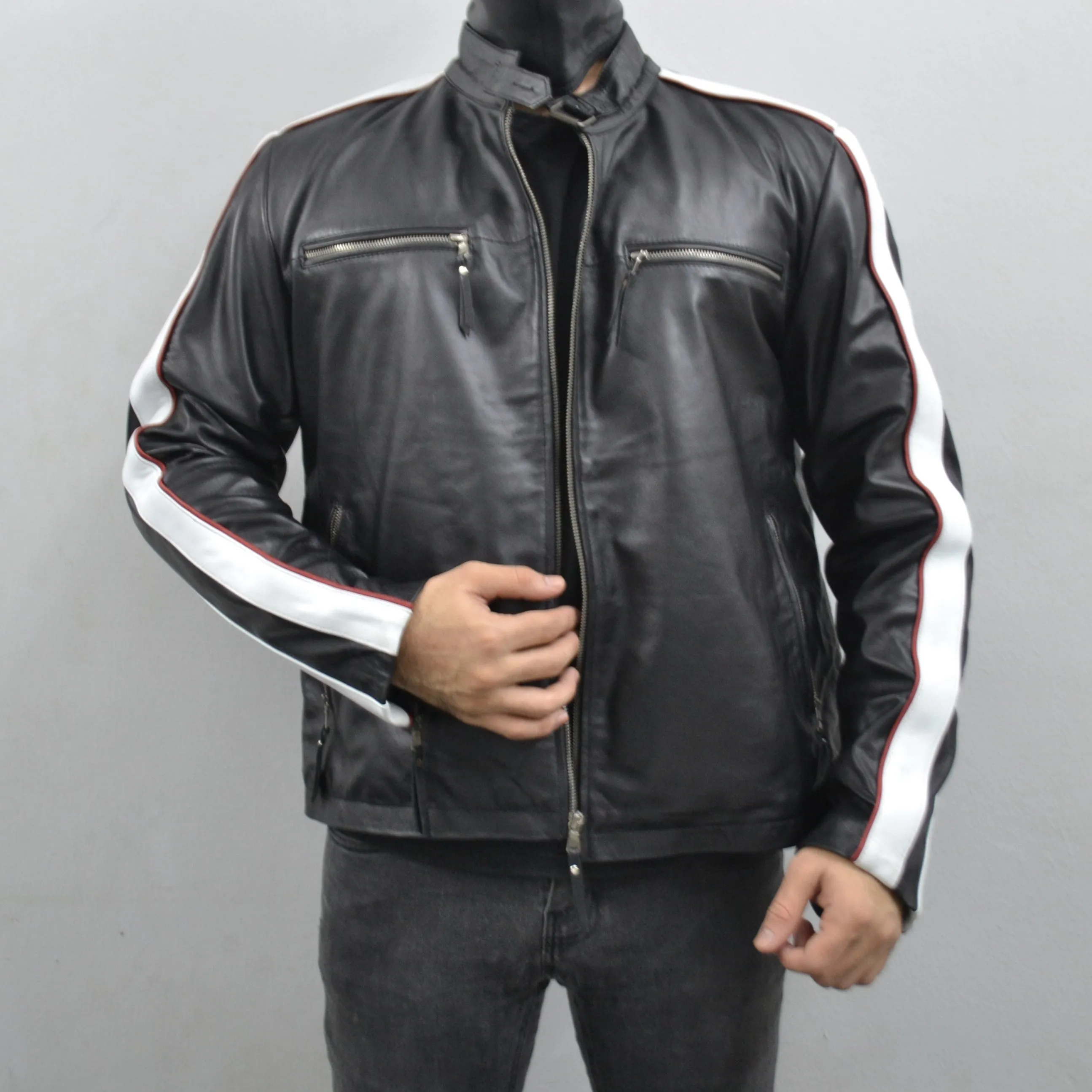 Men's Black Striped Design Cafe Racer Genuine Leather Jacket