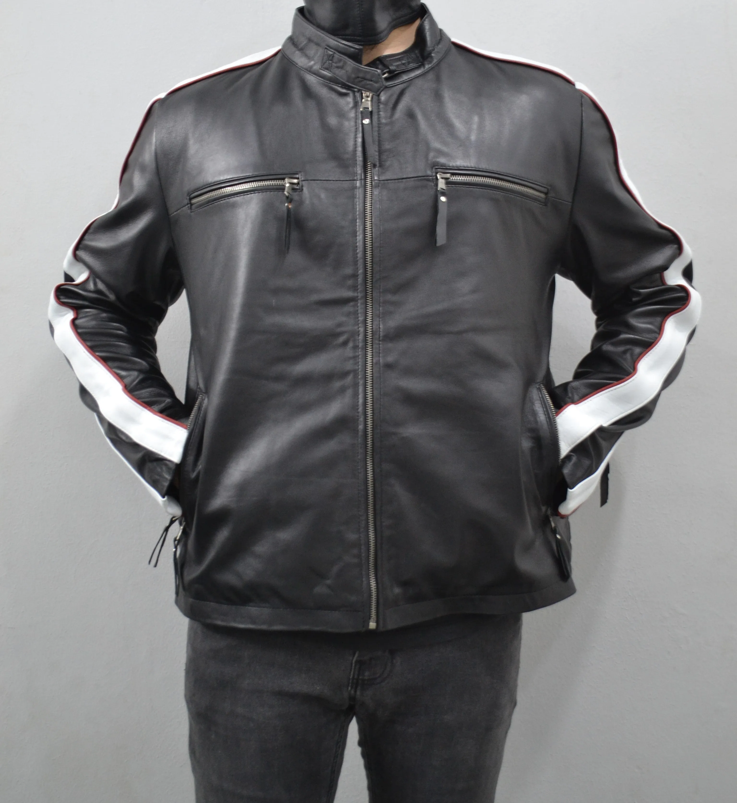 Men's Black Striped Design Cafe Racer Genuine Leather Jacket