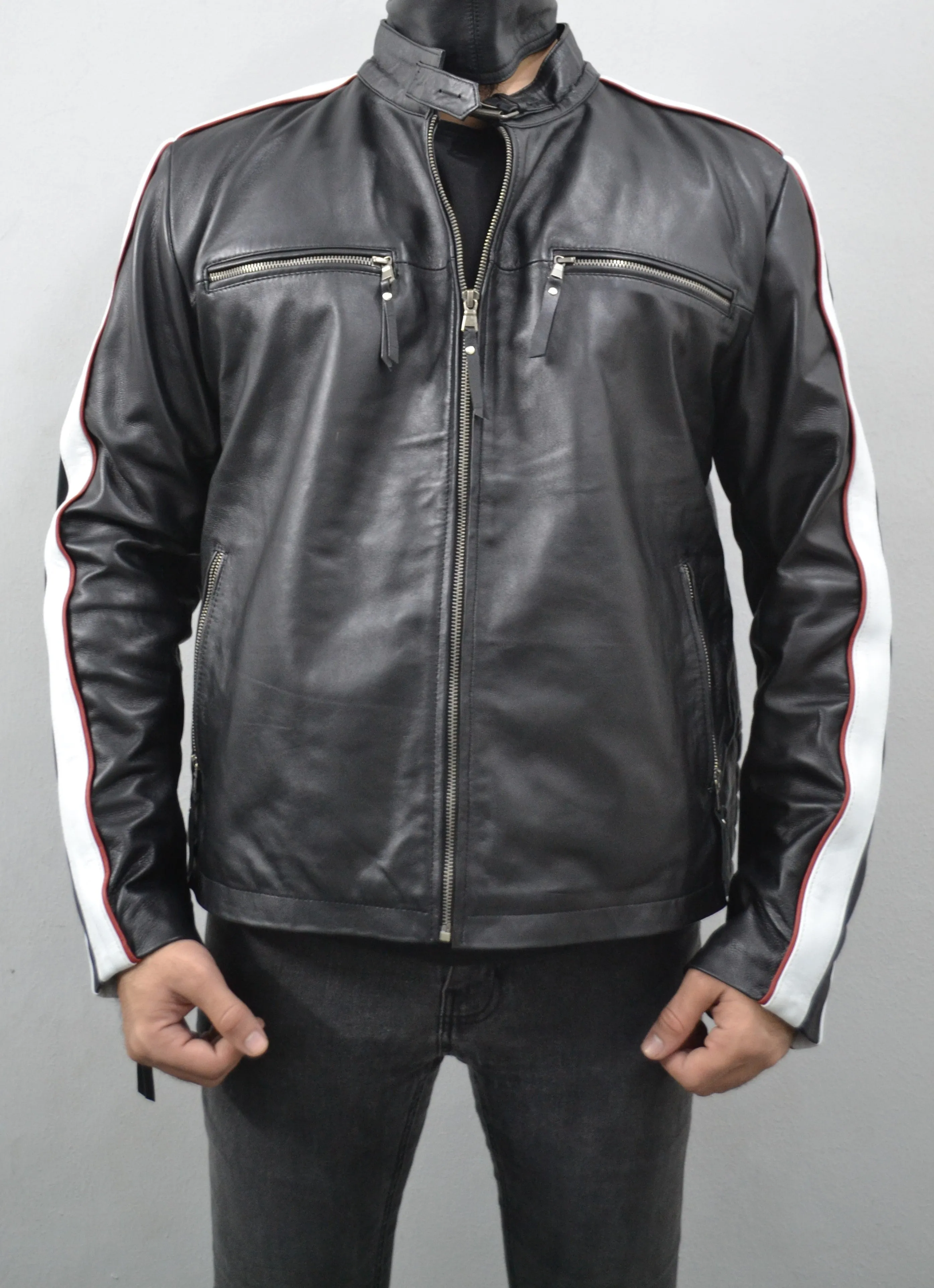 Men's Black Striped Design Cafe Racer Genuine Leather Jacket