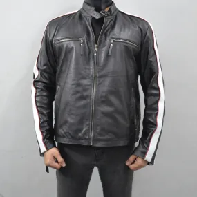 Men's Black Striped Design Cafe Racer Genuine Leather Jacket