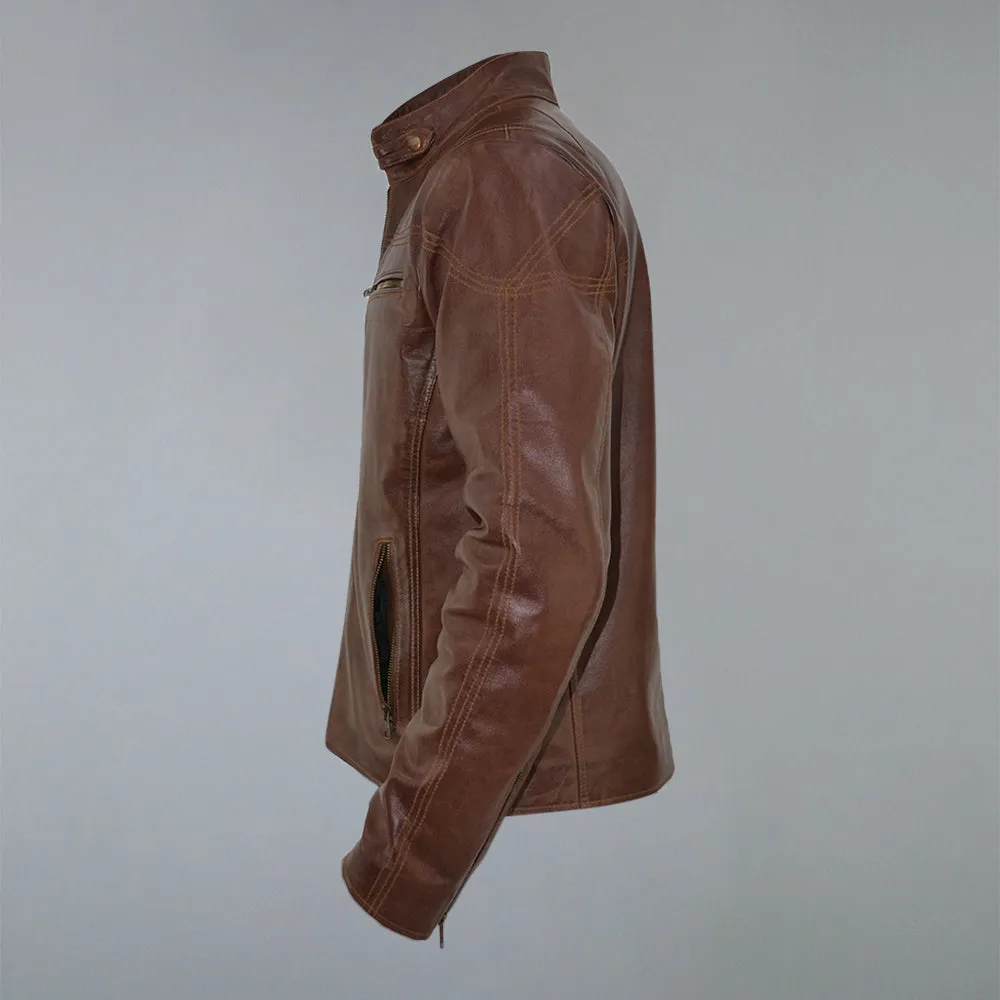 Men's Brown Waxed Cafe Racer Real Sheepskin Leather Jacket