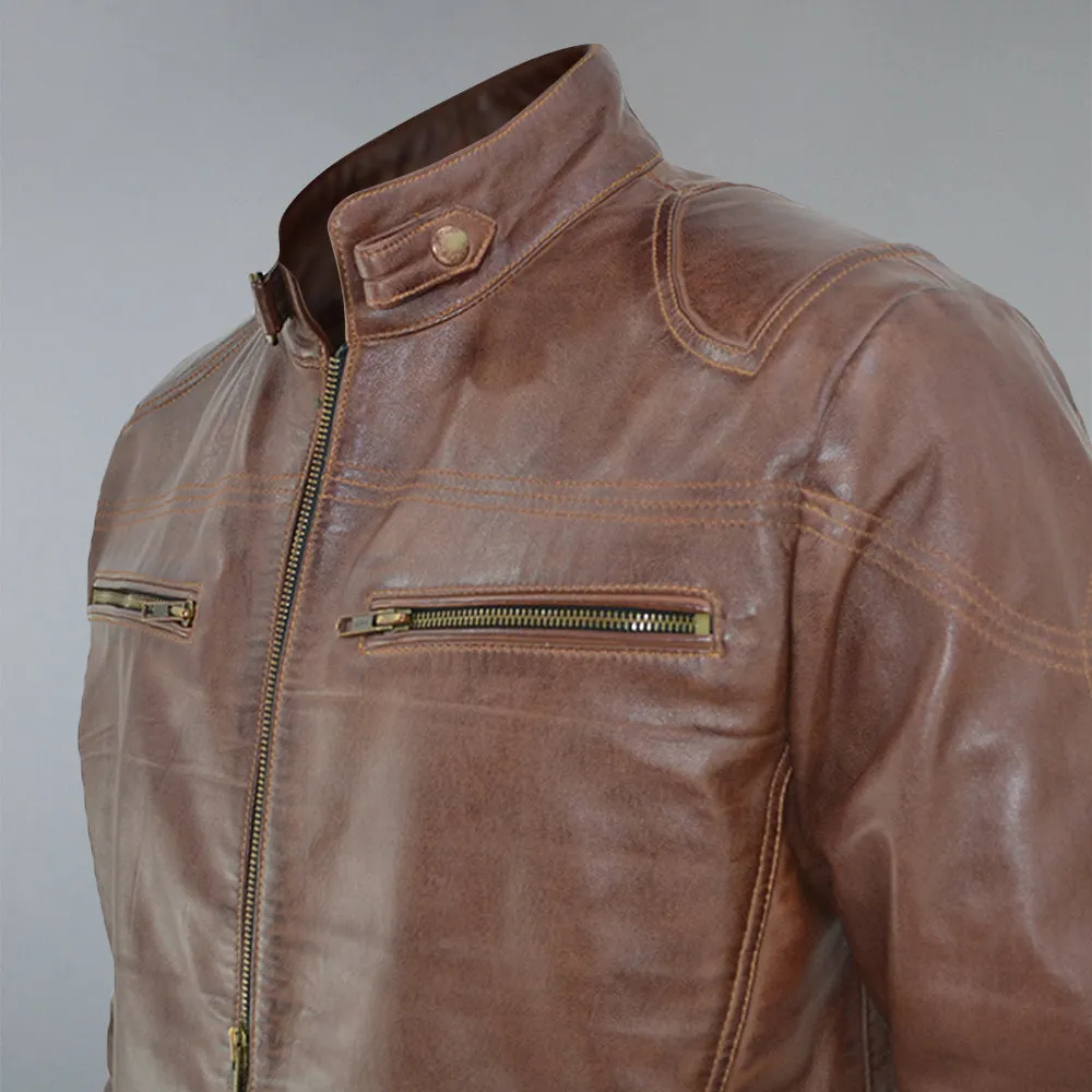 Men's Brown Waxed Cafe Racer Real Sheepskin Leather Jacket