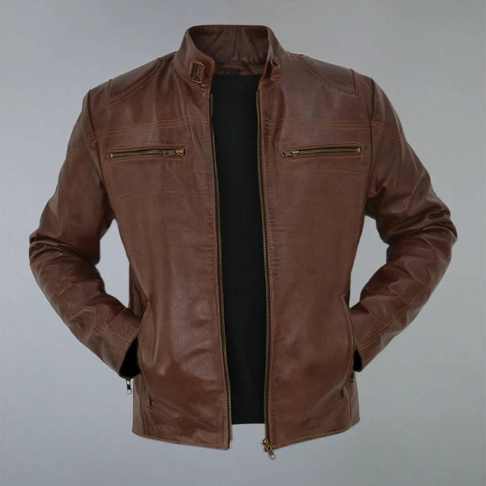 Men's Brown Waxed Cafe Racer Real Sheepskin Leather Jacket