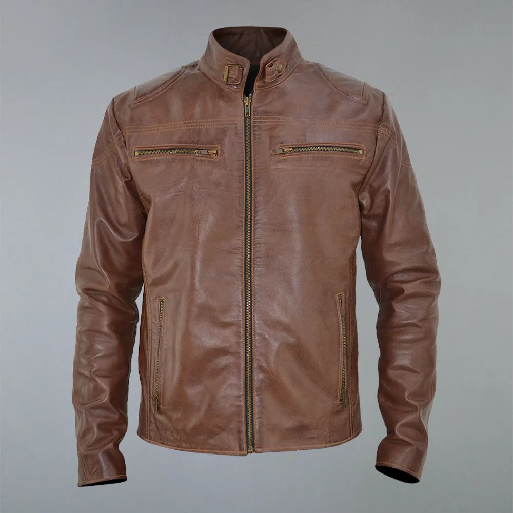 Men's Brown Waxed Cafe Racer Real Sheepskin Leather Jacket