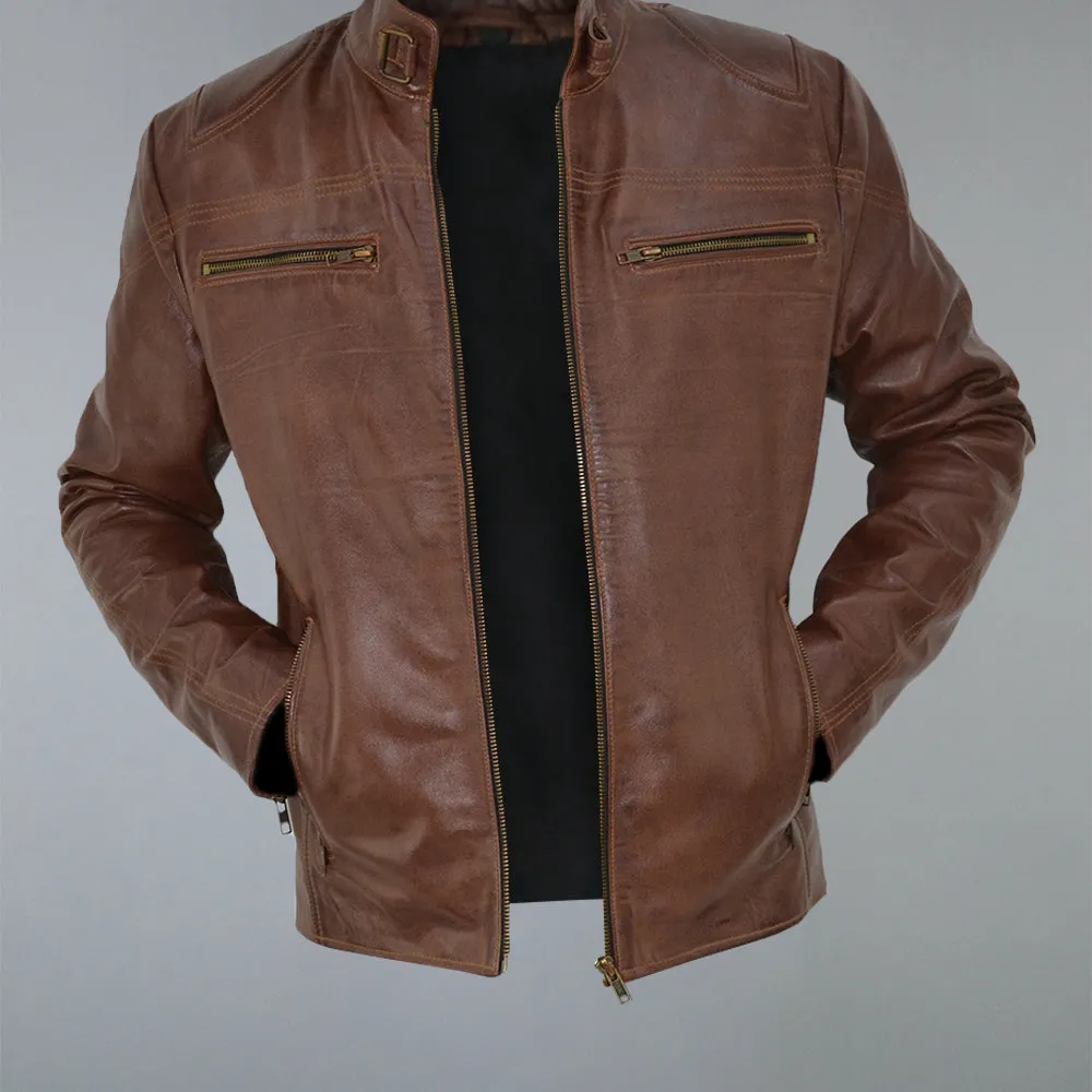 Men's Brown Waxed Cafe Racer Real Sheepskin Leather Jacket