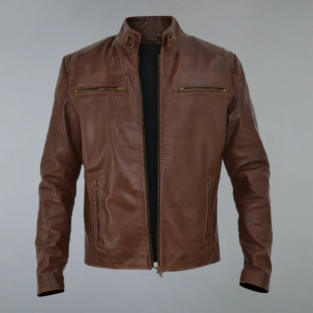 Men's Brown Waxed Cafe Racer Real Sheepskin Leather Jacket