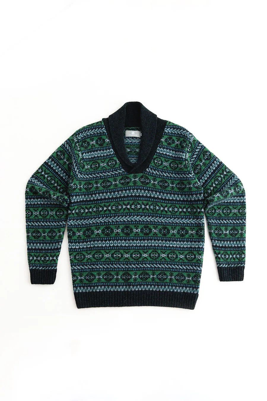 Mens Fair isle Lerwick Shawl Collar Jumper - Galaxy Green