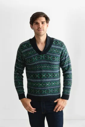 Mens Fair isle Lerwick Shawl Collar Jumper - Galaxy Green