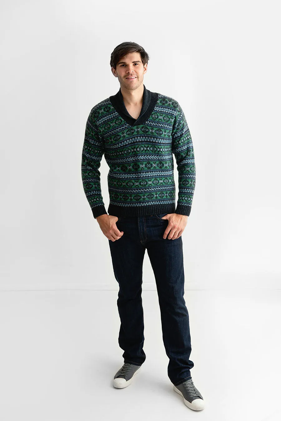 Mens Fair isle Lerwick Shawl Collar Jumper - Galaxy Green