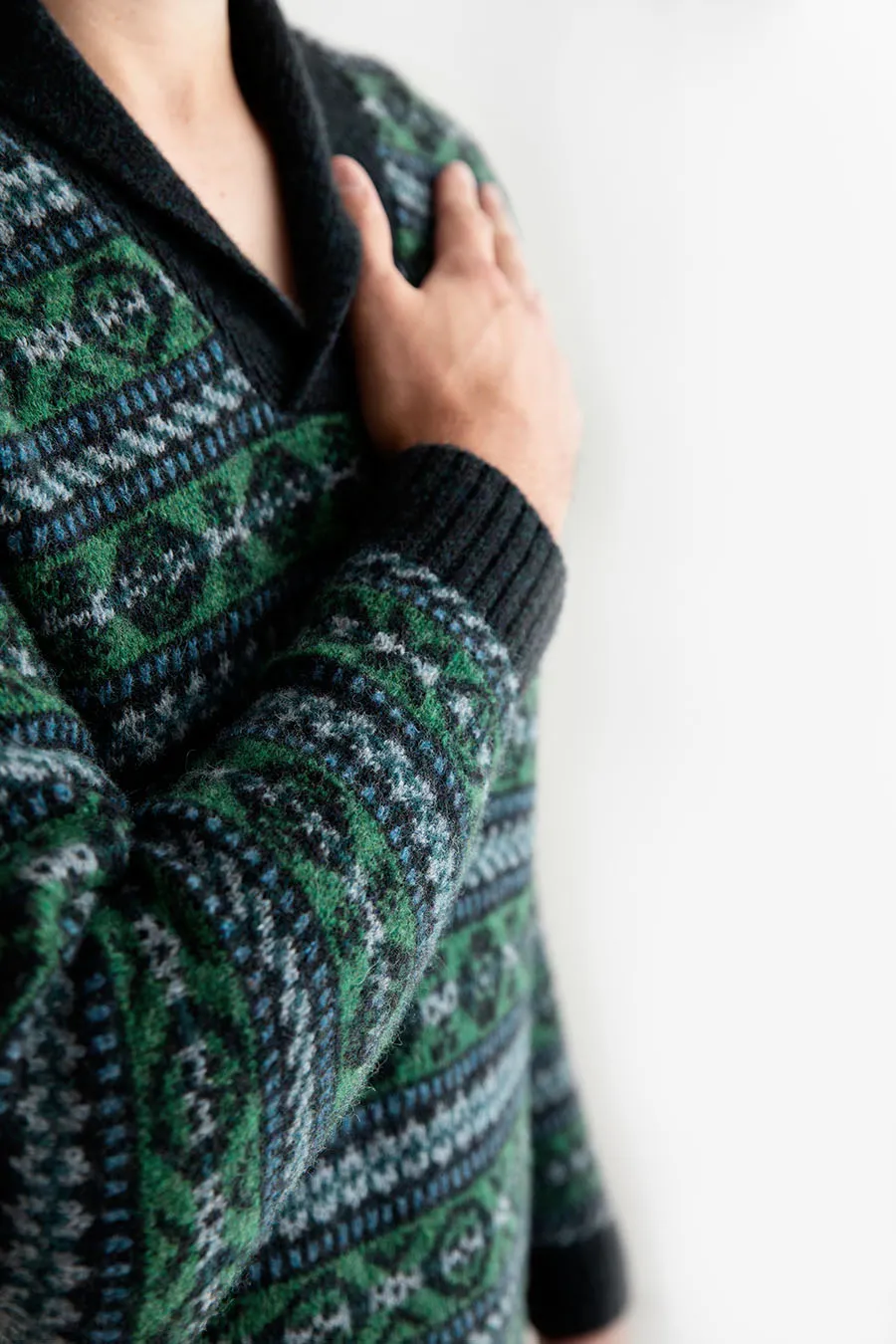 Mens Fair isle Lerwick Shawl Collar Jumper - Galaxy Green