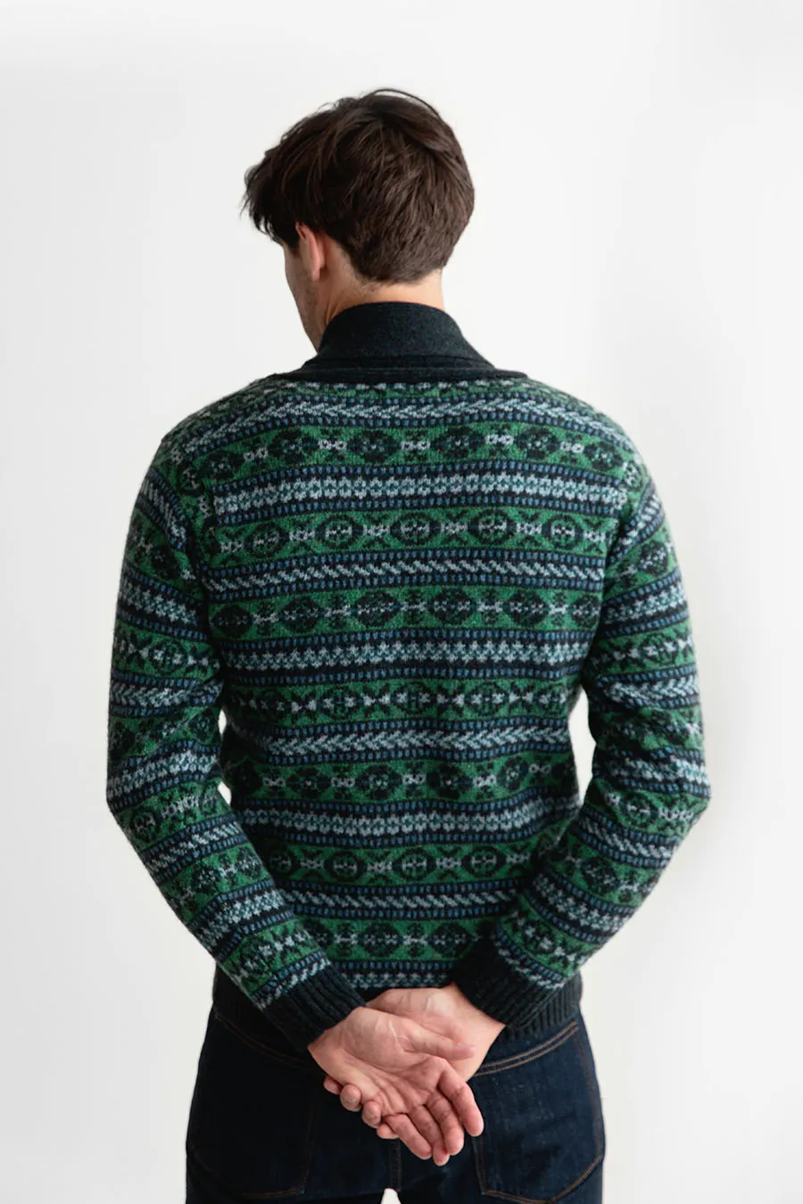 Mens Fair isle Lerwick Shawl Collar Jumper - Galaxy Green