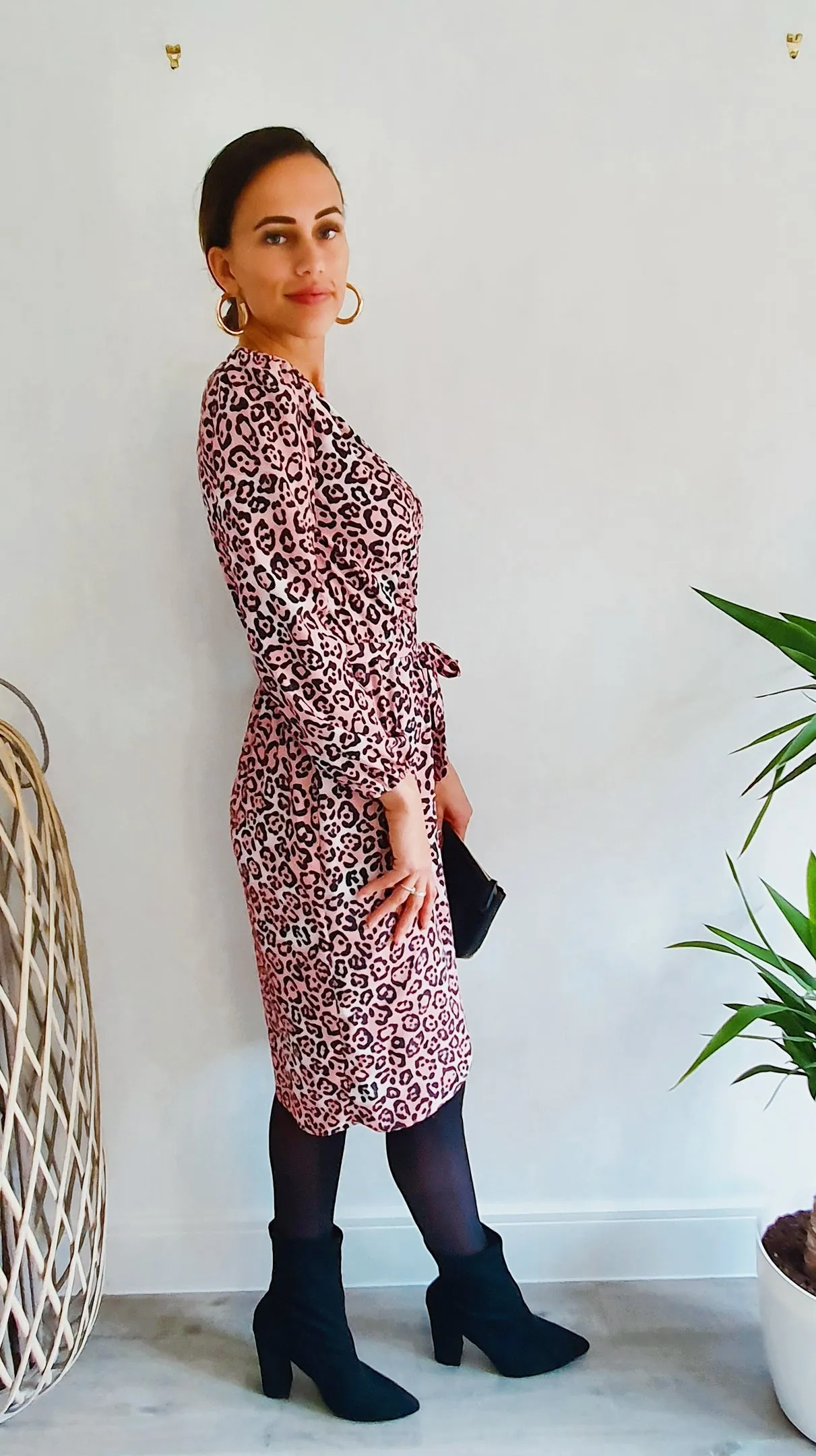 Nairobi Midi Long Sleeve Wrap Dress In Pink Leopard