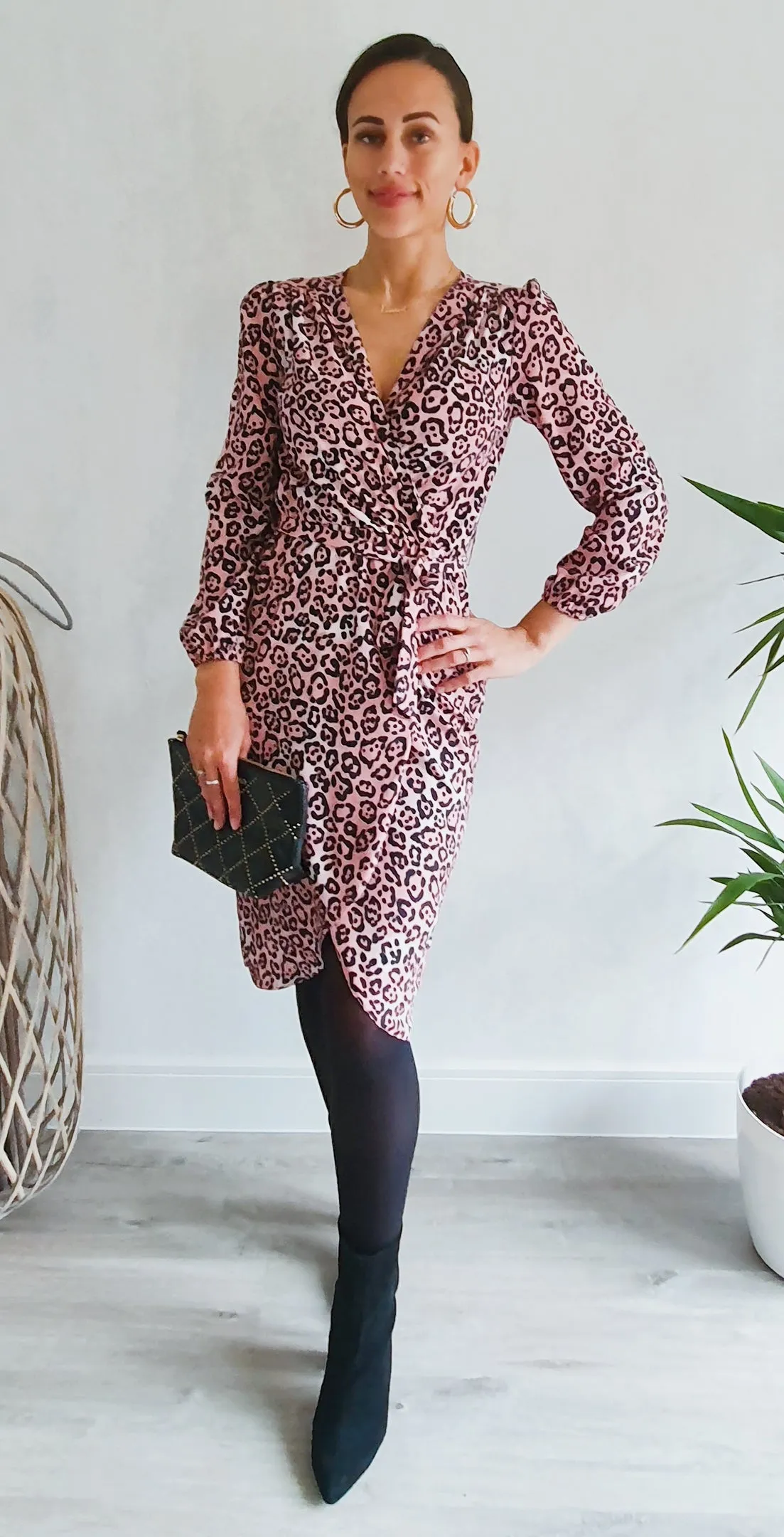 Nairobi Midi Long Sleeve Wrap Dress In Pink Leopard