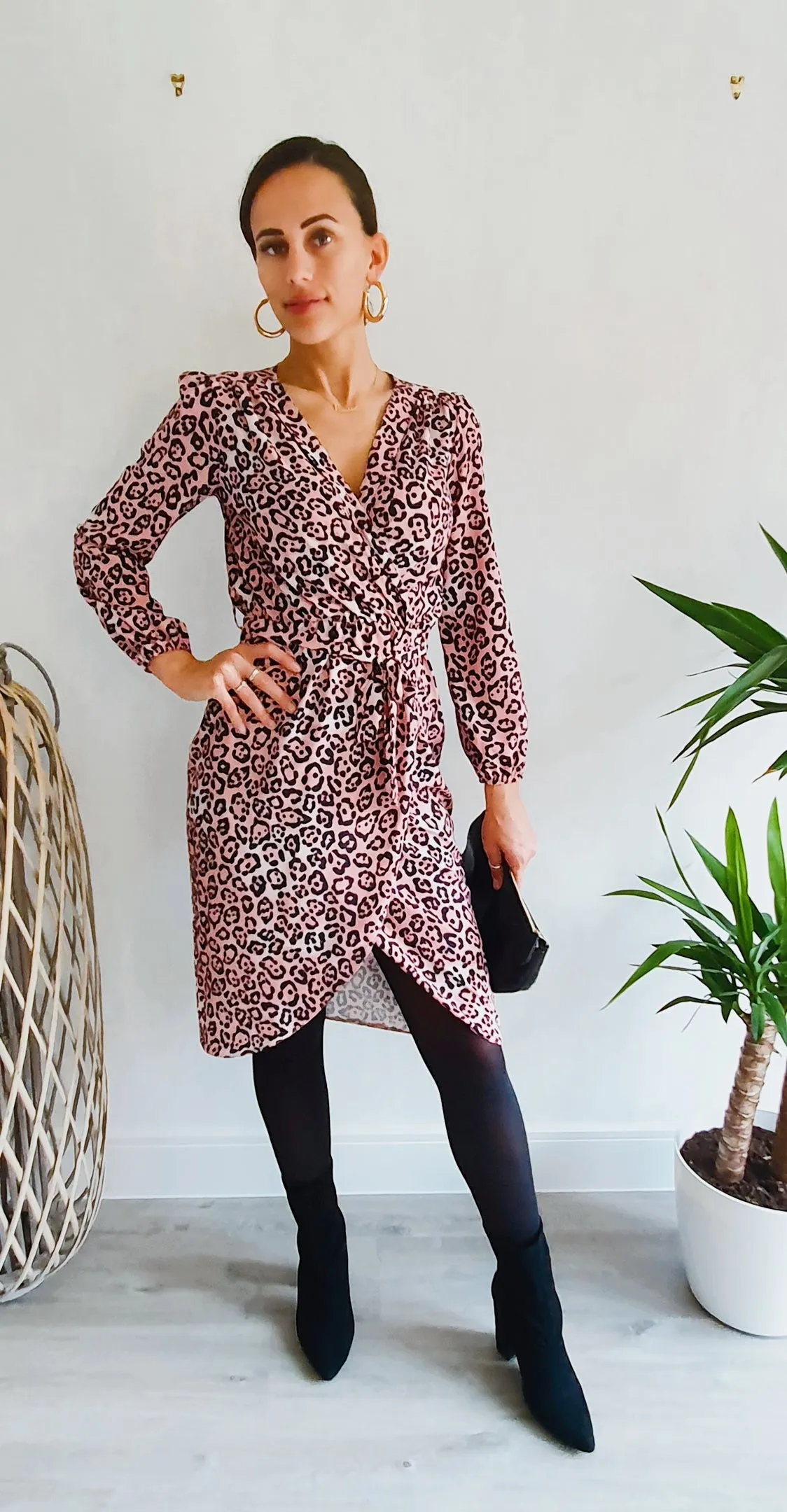 Nairobi Midi Long Sleeve Wrap Dress In Pink Leopard