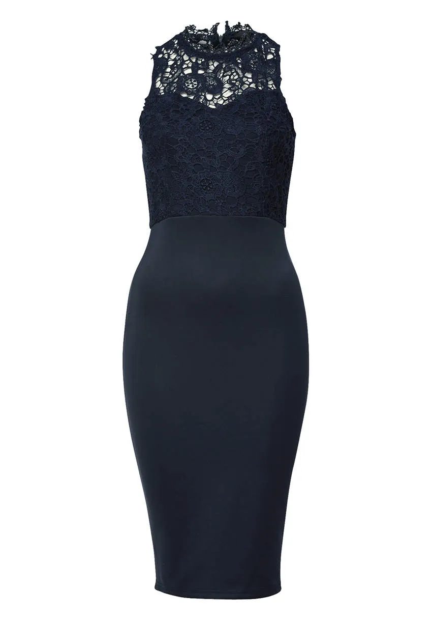 Navy Bodycon Midi Dress Crochet High Neck