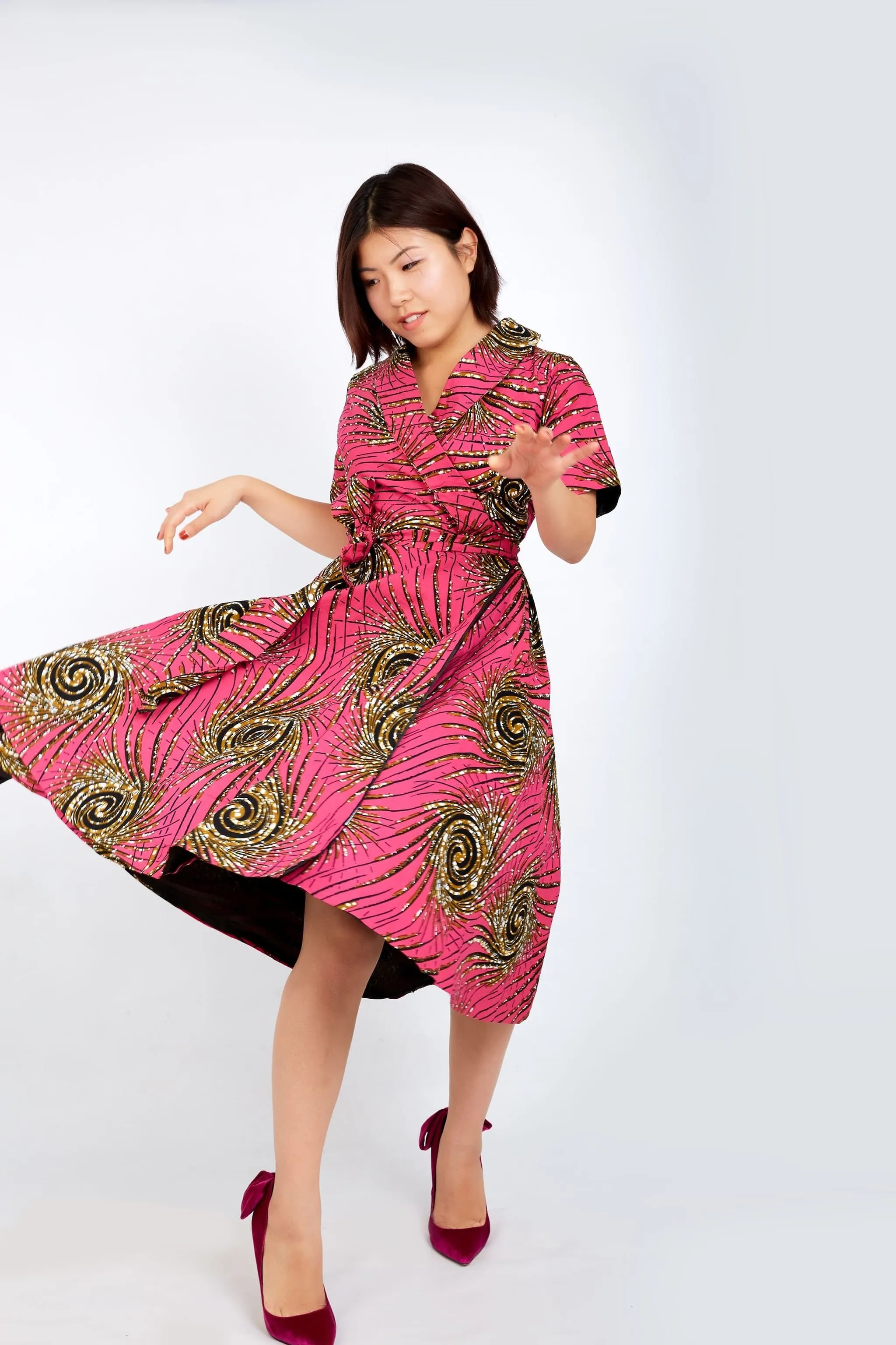 New in African Ankara Print Embellished Wrap Dress -Pink