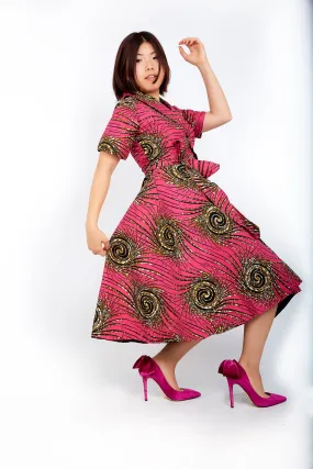 New in African Ankara Print Embellished Wrap Dress -Pink