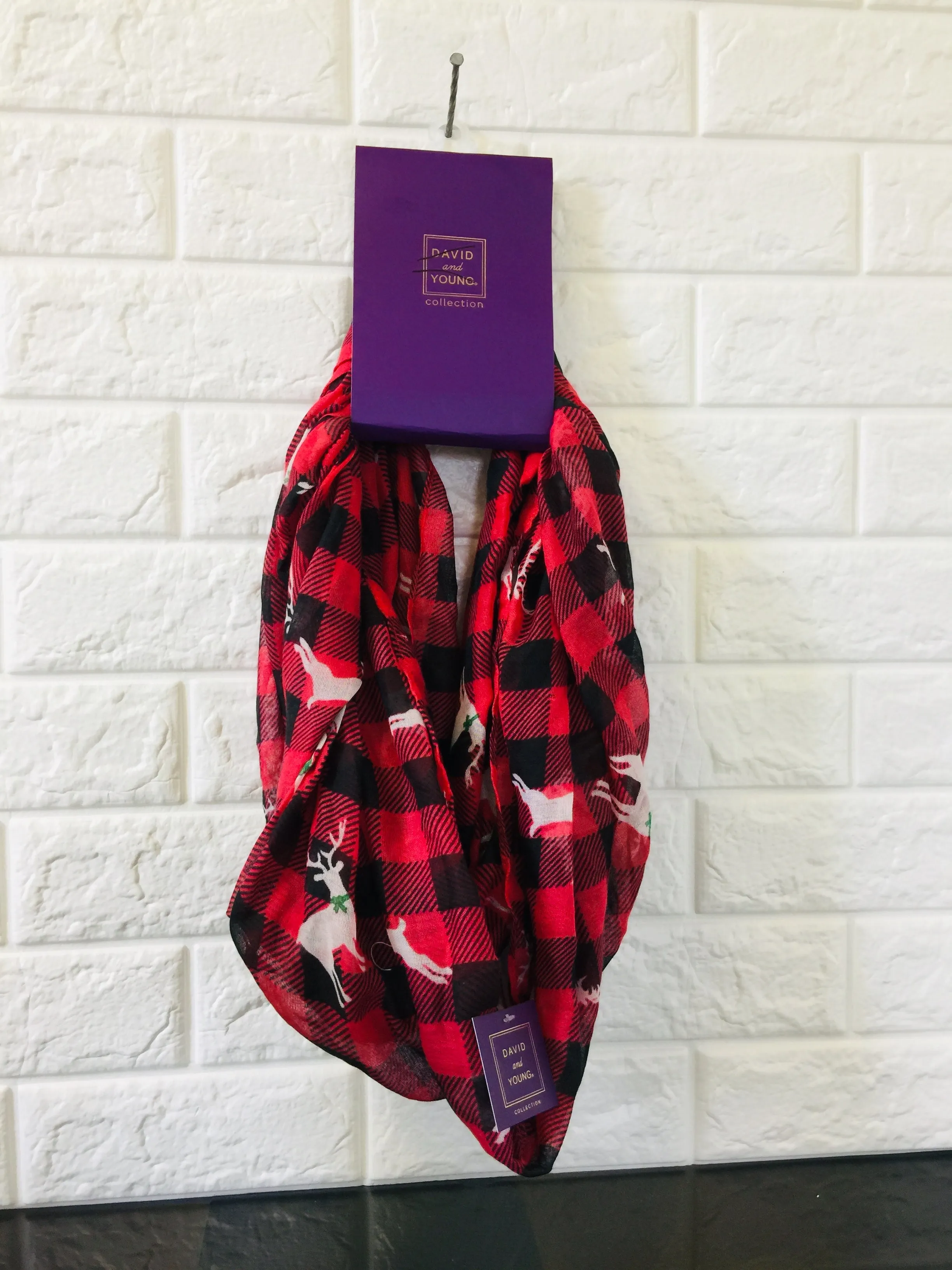 New Nordstrom David & Young Women's Plaid Reindeer Holiday Infinity Loop Scarf, One Size!