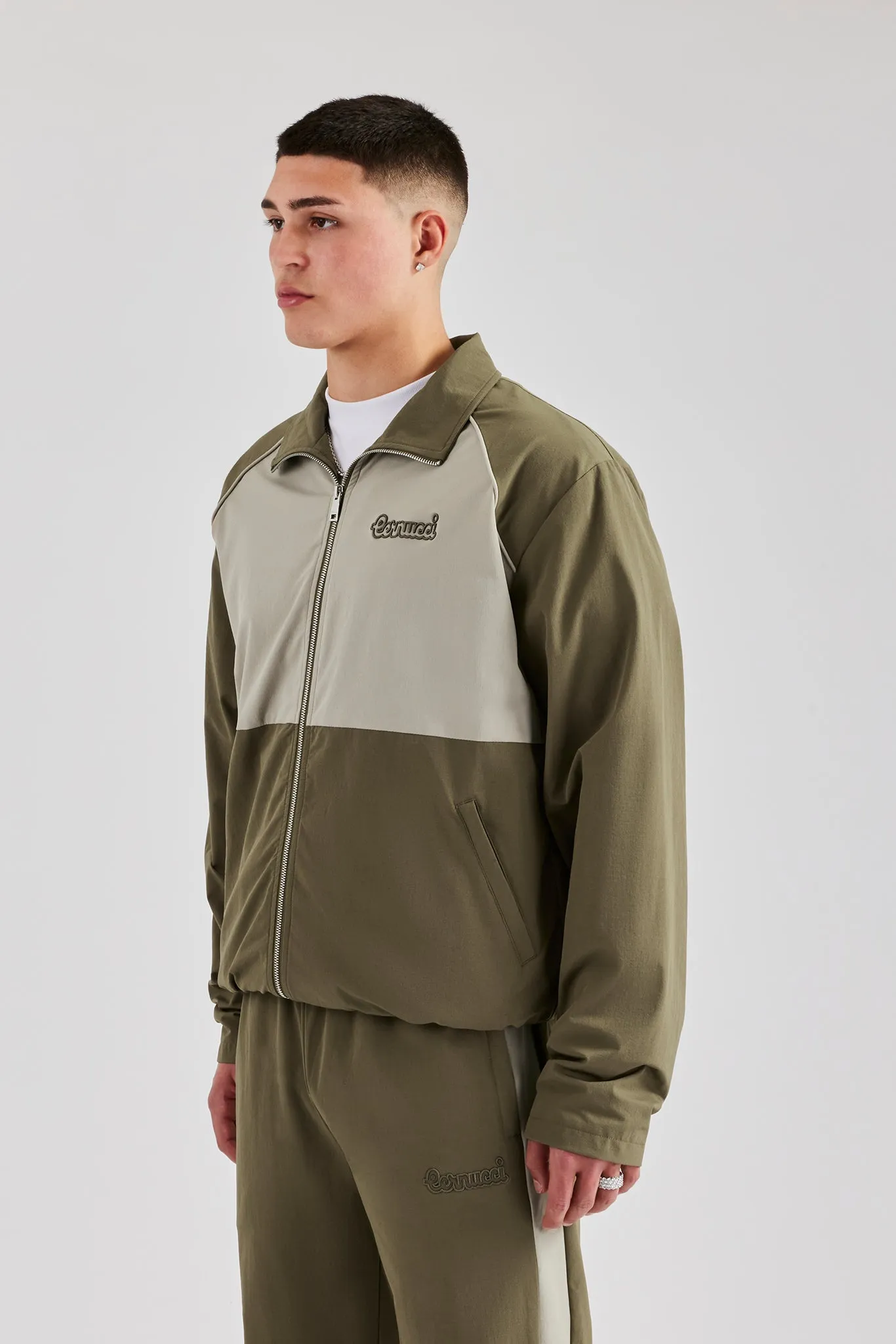 Nylon Panel Funnel Neck Track Jacket - Khaki