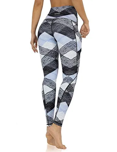 ODODOS Women's High Waisted Pattern Leggings with Pockets, Tummy Control Non See Through Athletic Workout Running Yoga Legging Pants, SketchedChevronSkyBlue, Large