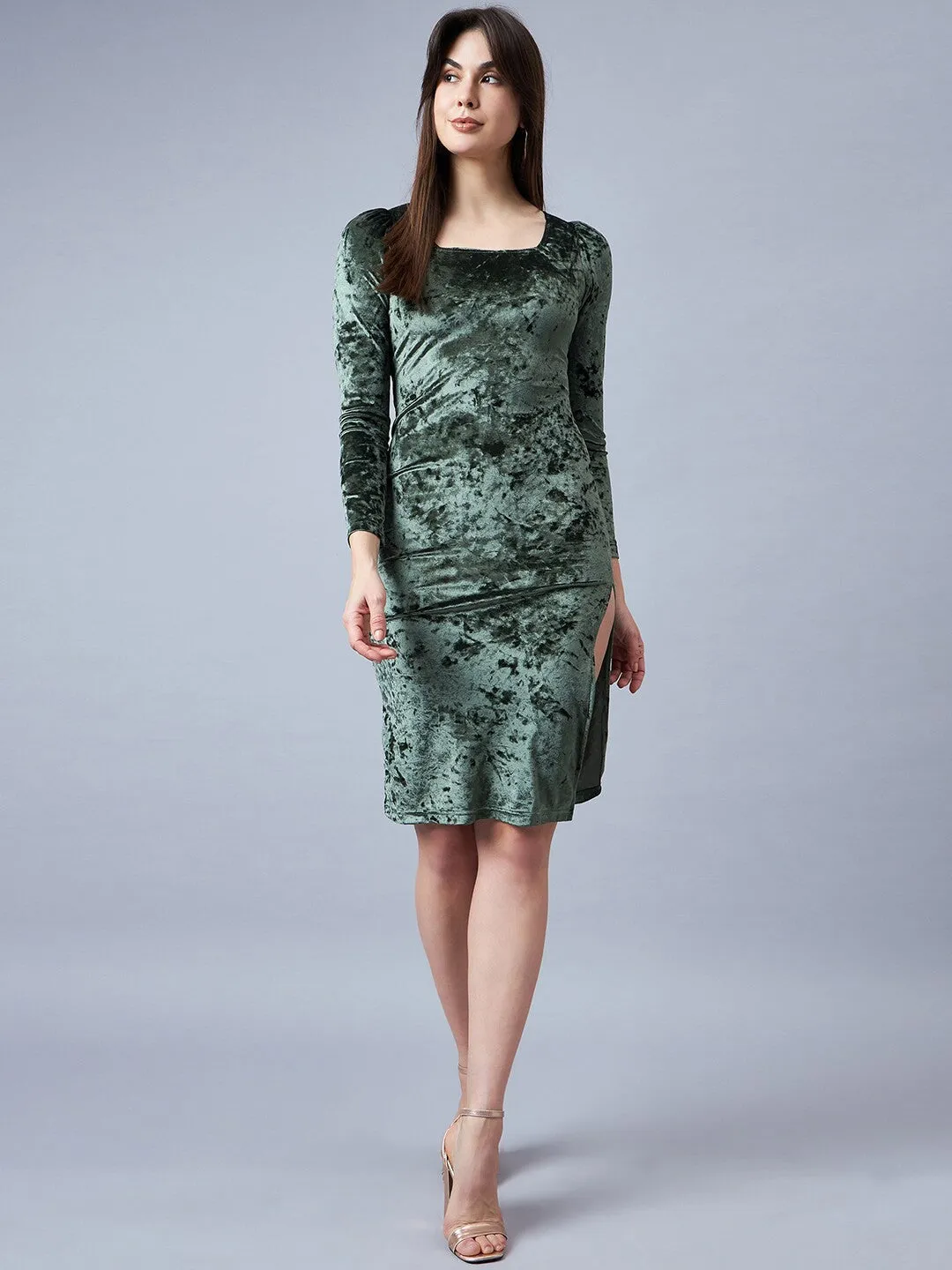 Olive Green Velvet Sheath Dress