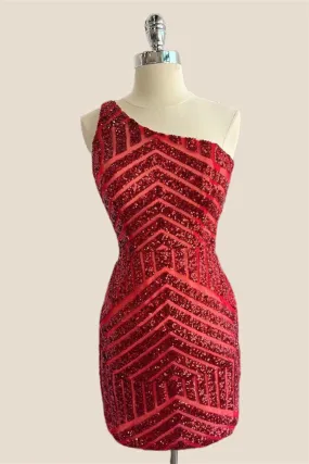 One Shoulder Red Sequin Bodycon Short Dress