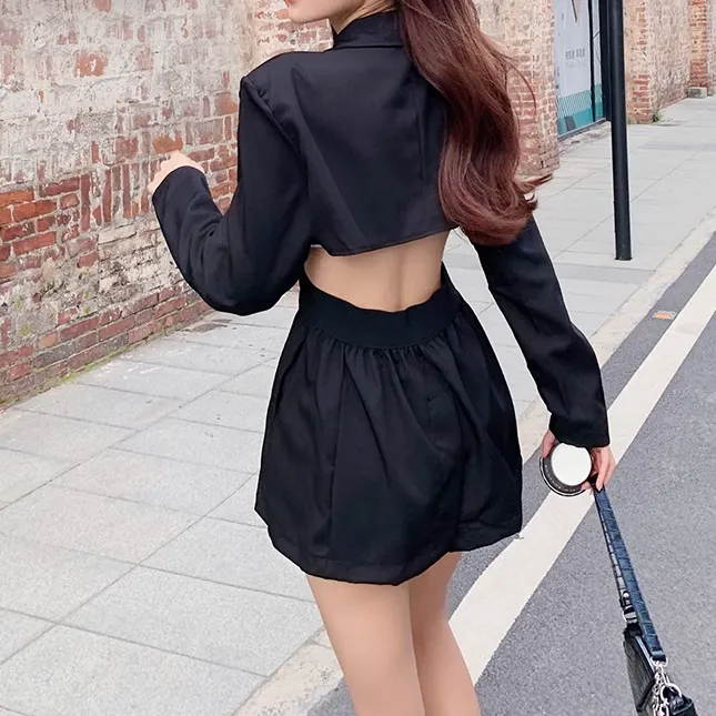 Open Waist Long Sleeves Blazer Collar Dress