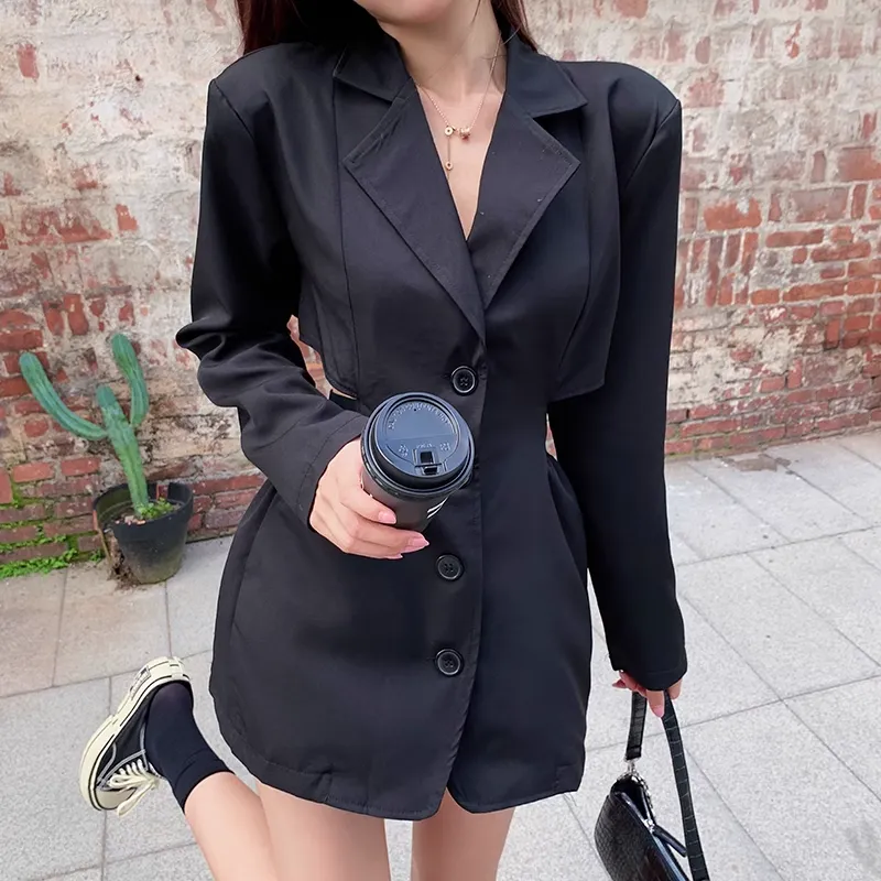 Open Waist Long Sleeves Blazer Collar Dress