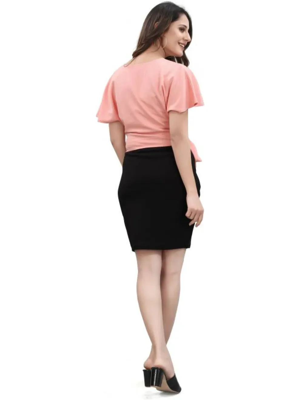 Peach Polyester V-Neck Bell Sleeve Bodycon Dress