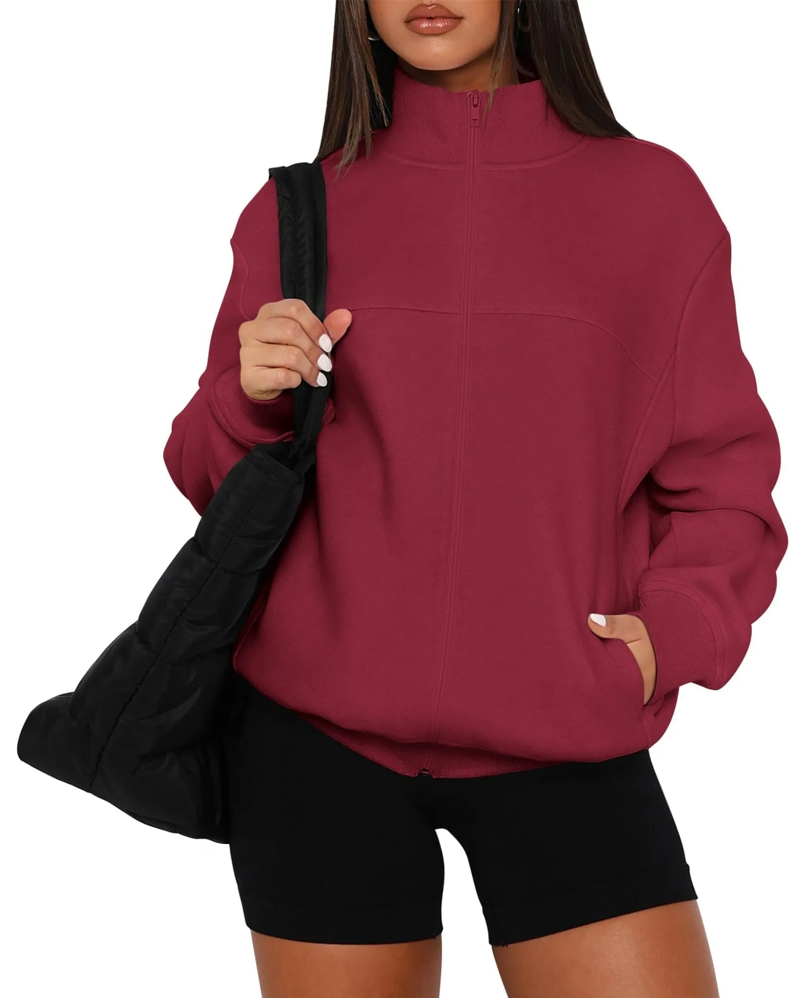 PRETTYGARDEN Women's 2024 Fall Fashion Full Zip Up Sweatshirt Long Sleeve Oversized Fashion Casual Jacket with Pockets (Wine Red,Medium)