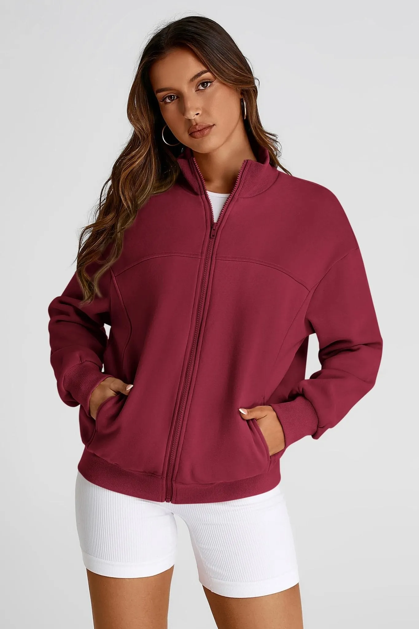 PRETTYGARDEN Women's 2024 Fall Fashion Full Zip Up Sweatshirt Long Sleeve Oversized Fashion Casual Jacket with Pockets (Wine Red,Medium)