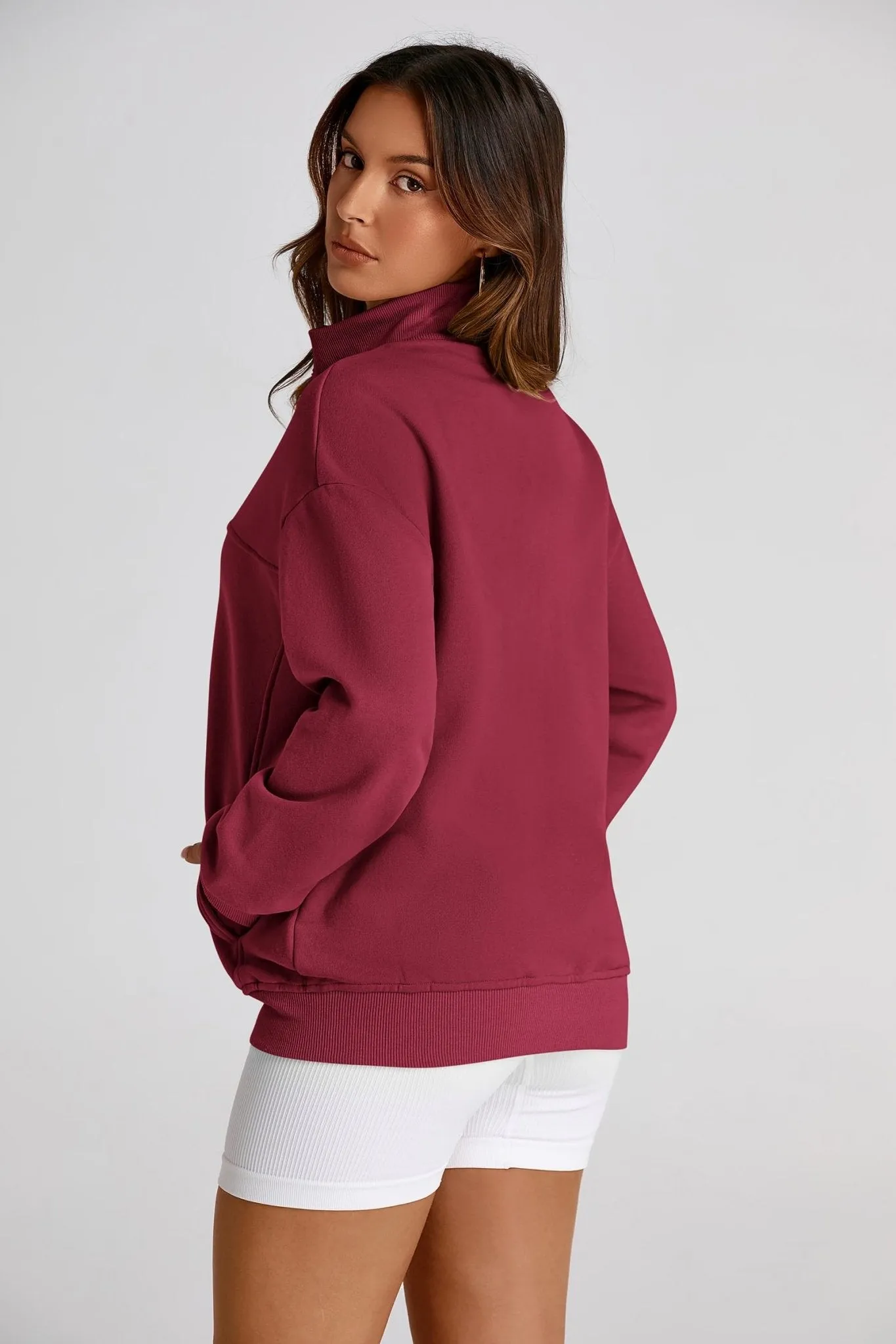 PRETTYGARDEN Women's 2024 Fall Fashion Full Zip Up Sweatshirt Long Sleeve Oversized Fashion Casual Jacket with Pockets (Wine Red,Medium)