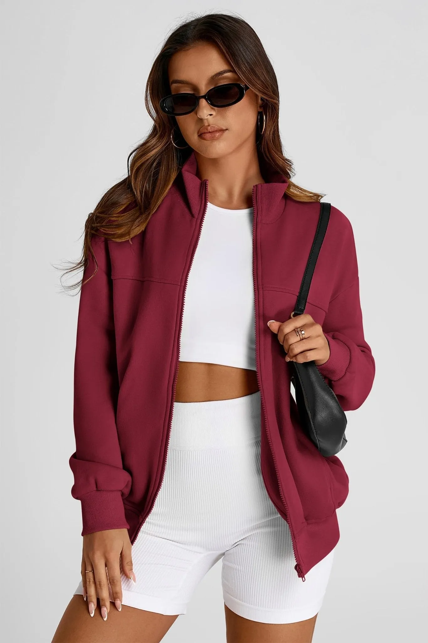 PRETTYGARDEN Women's 2024 Fall Fashion Full Zip Up Sweatshirt Long Sleeve Oversized Fashion Casual Jacket with Pockets (Wine Red,Medium)