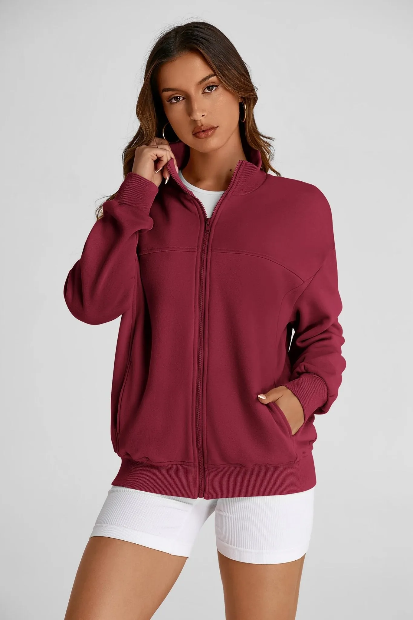 PRETTYGARDEN Women's 2024 Fall Fashion Full Zip Up Sweatshirt Long Sleeve Oversized Fashion Casual Jacket with Pockets (Wine Red,Medium)