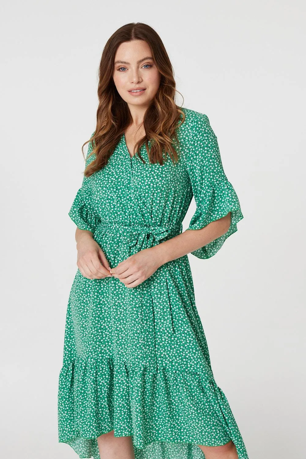 Printed Frilled Wrap Front Dress