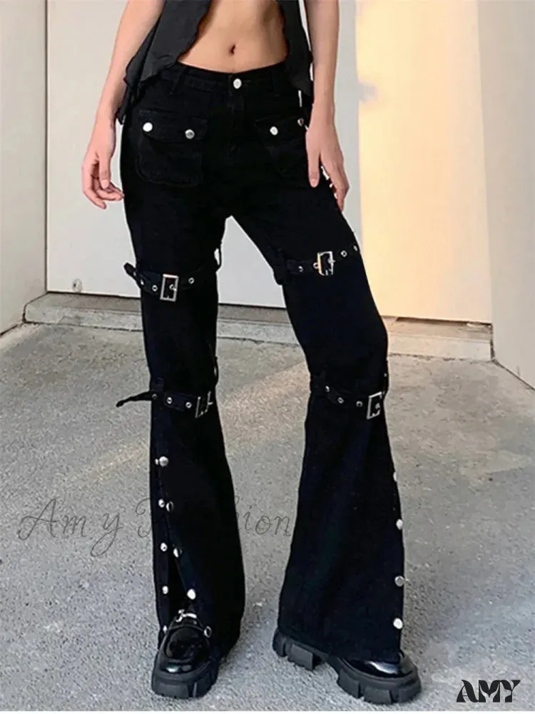 Punk Cargo Y2K Pants Zipper Rivets Leggings Pants Black Techwear