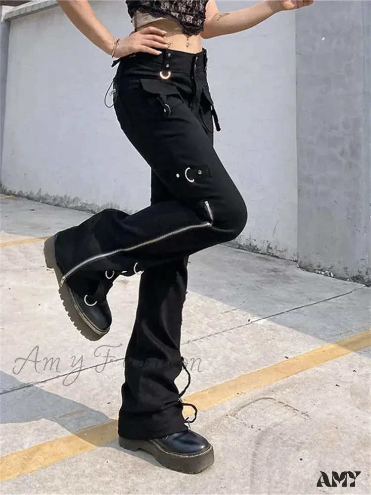 Punk Cargo Y2K Pants Zipper Rivets Leggings Pants Black Techwear