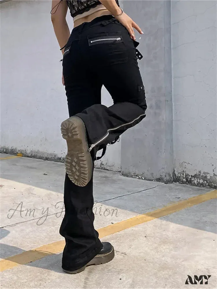 Punk Cargo Y2K Pants Zipper Rivets Leggings Pants Black Techwear