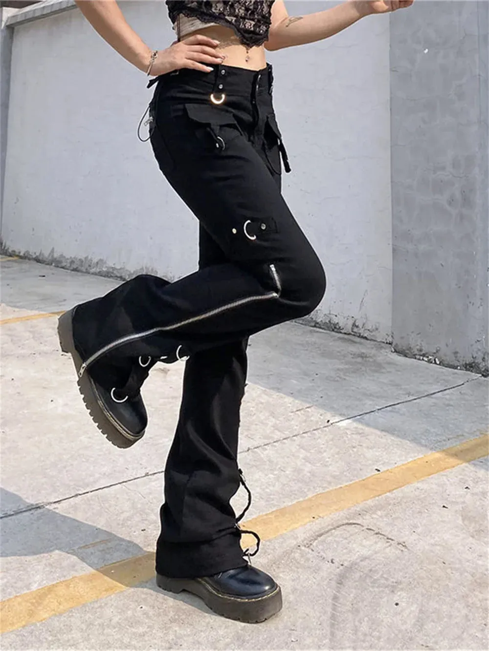 Punk Rivet Zipper Cargo Pants: Y2K Techwear Leggings