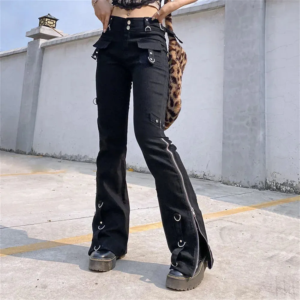 Punk Rivet Zipper Cargo Pants: Y2K Techwear Leggings