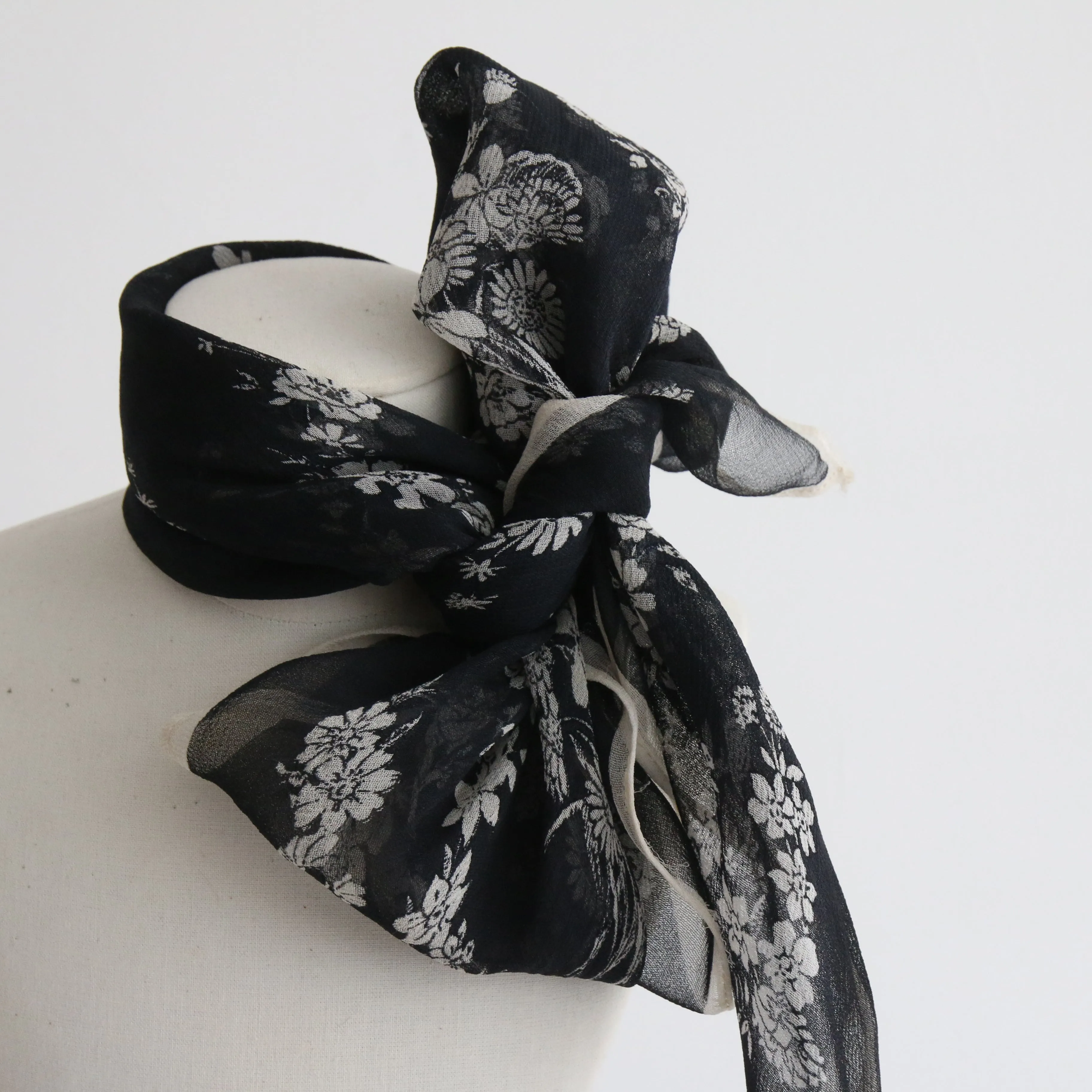 "Monochrome Wildflowers" Vintage 1940's Crepe Silk Monochrome Floral Scarf