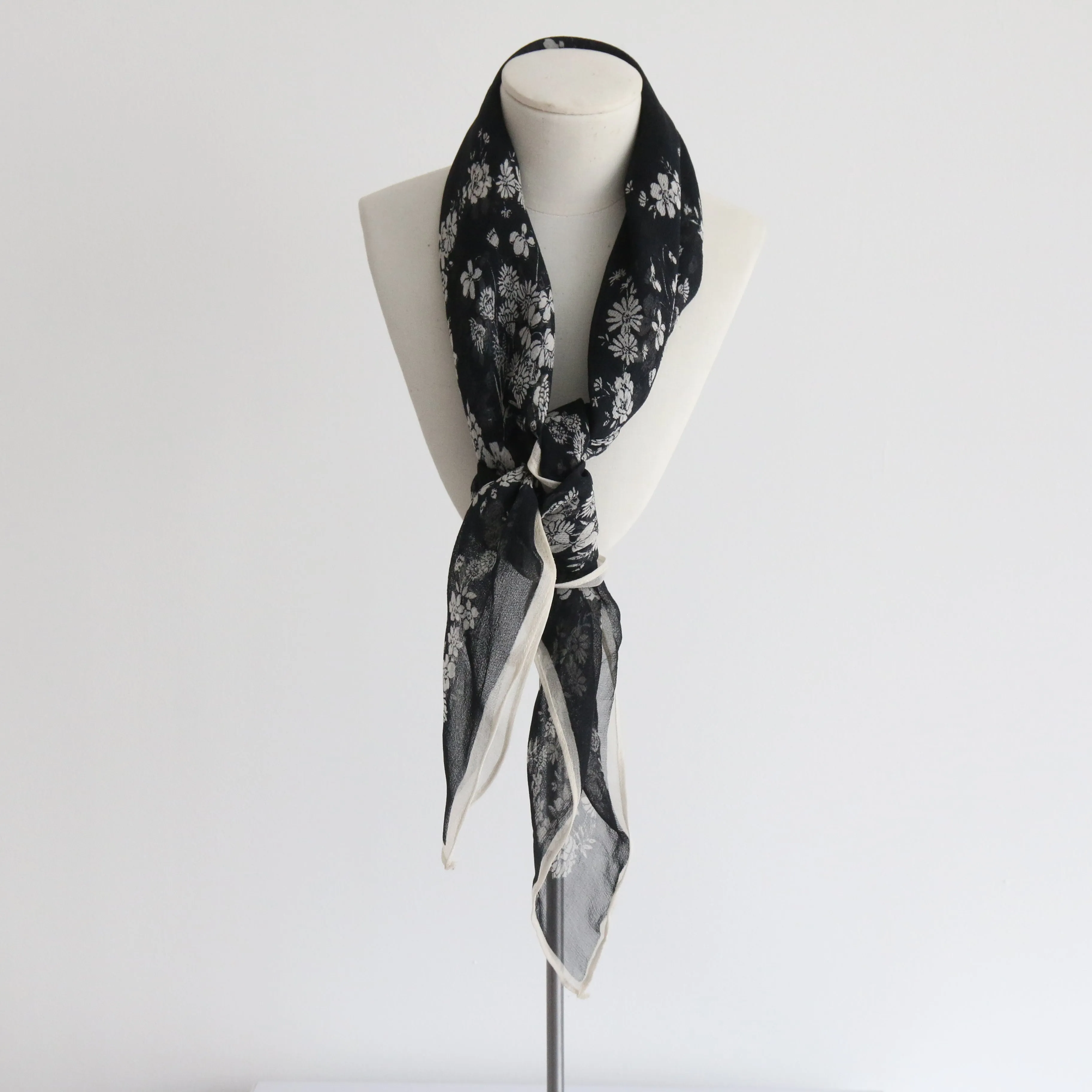 "Monochrome Wildflowers" Vintage 1940's Crepe Silk Monochrome Floral Scarf