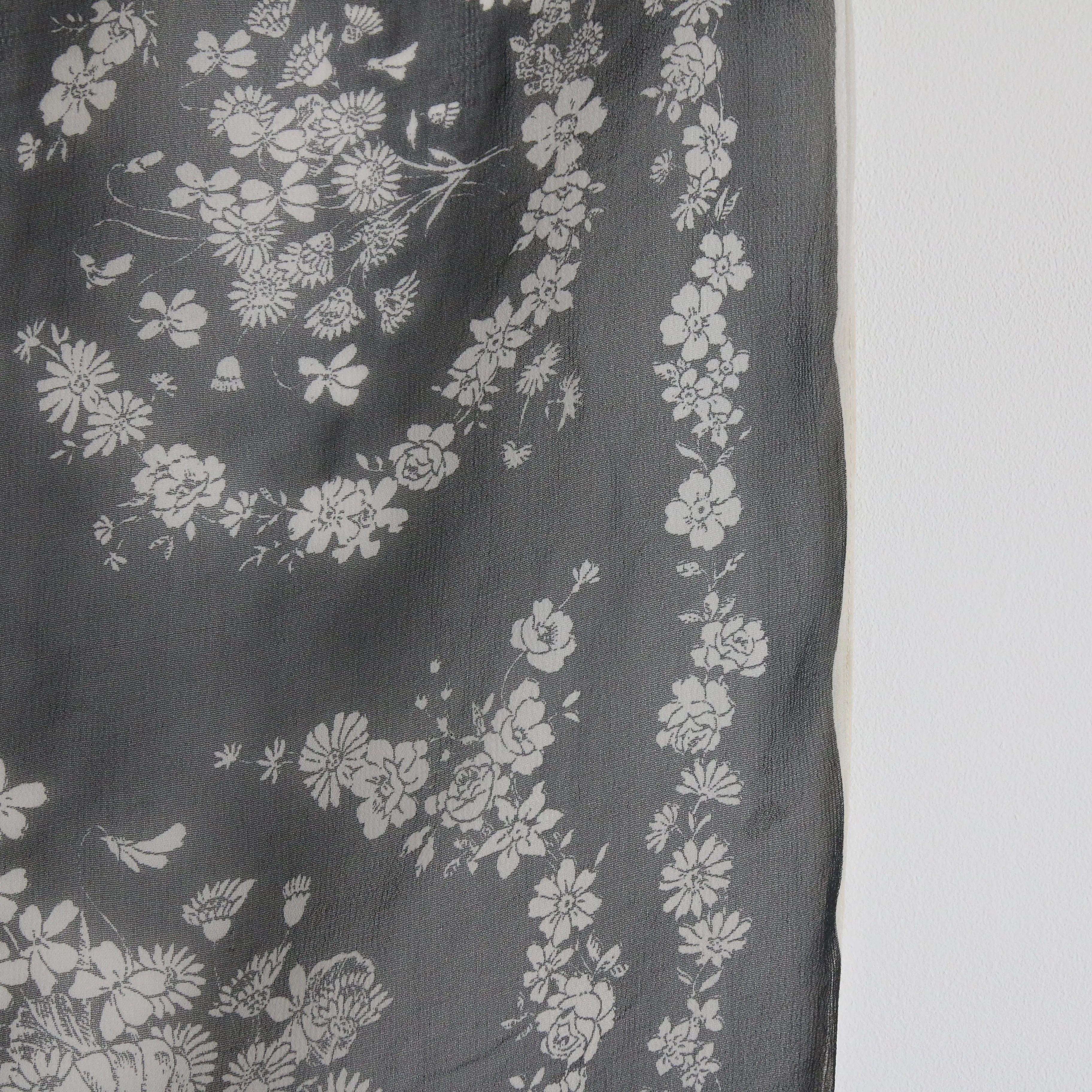 "Monochrome Wildflowers" Vintage 1940's Crepe Silk Monochrome Floral Scarf