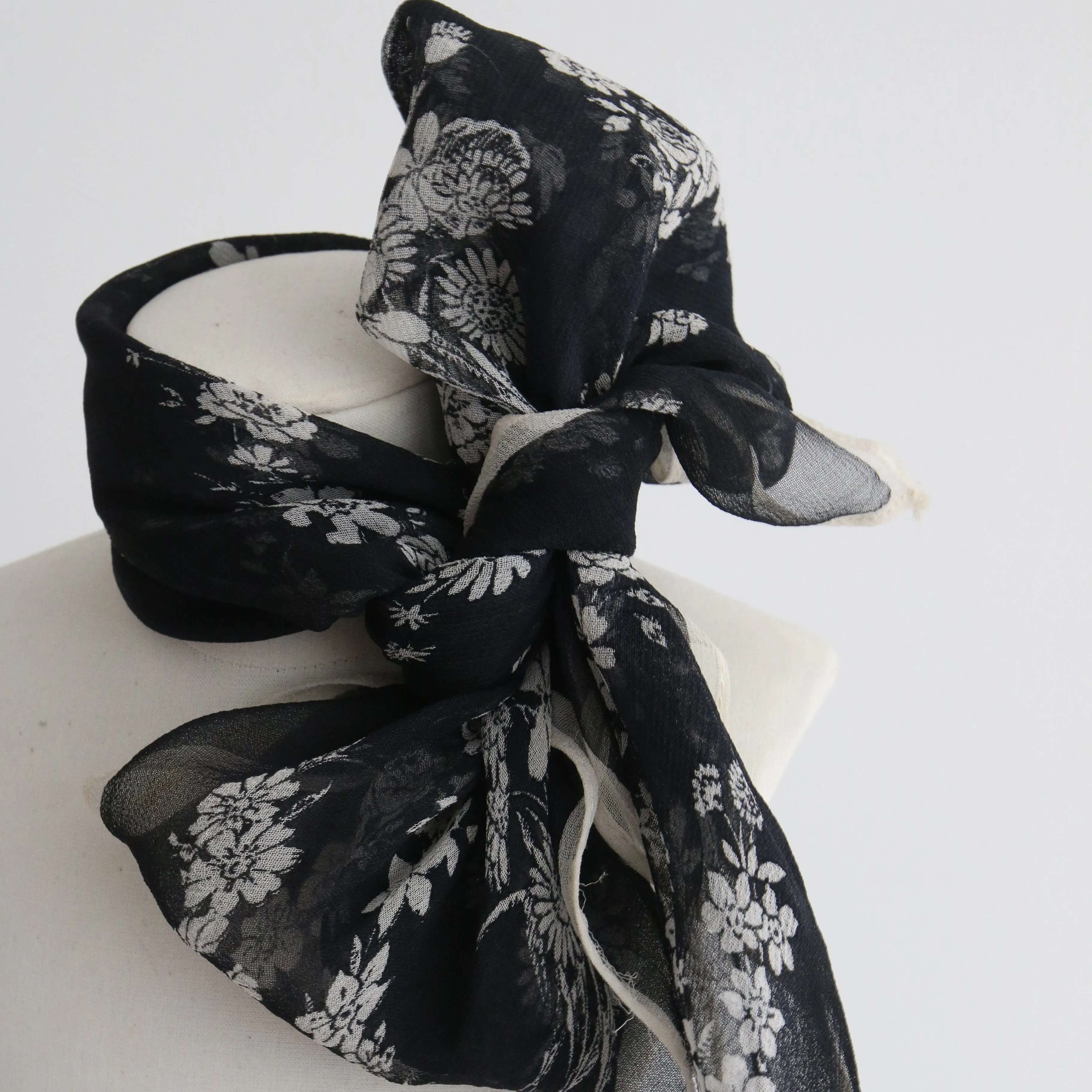 "Monochrome Wildflowers" Vintage 1940's Crepe Silk Monochrome Floral Scarf