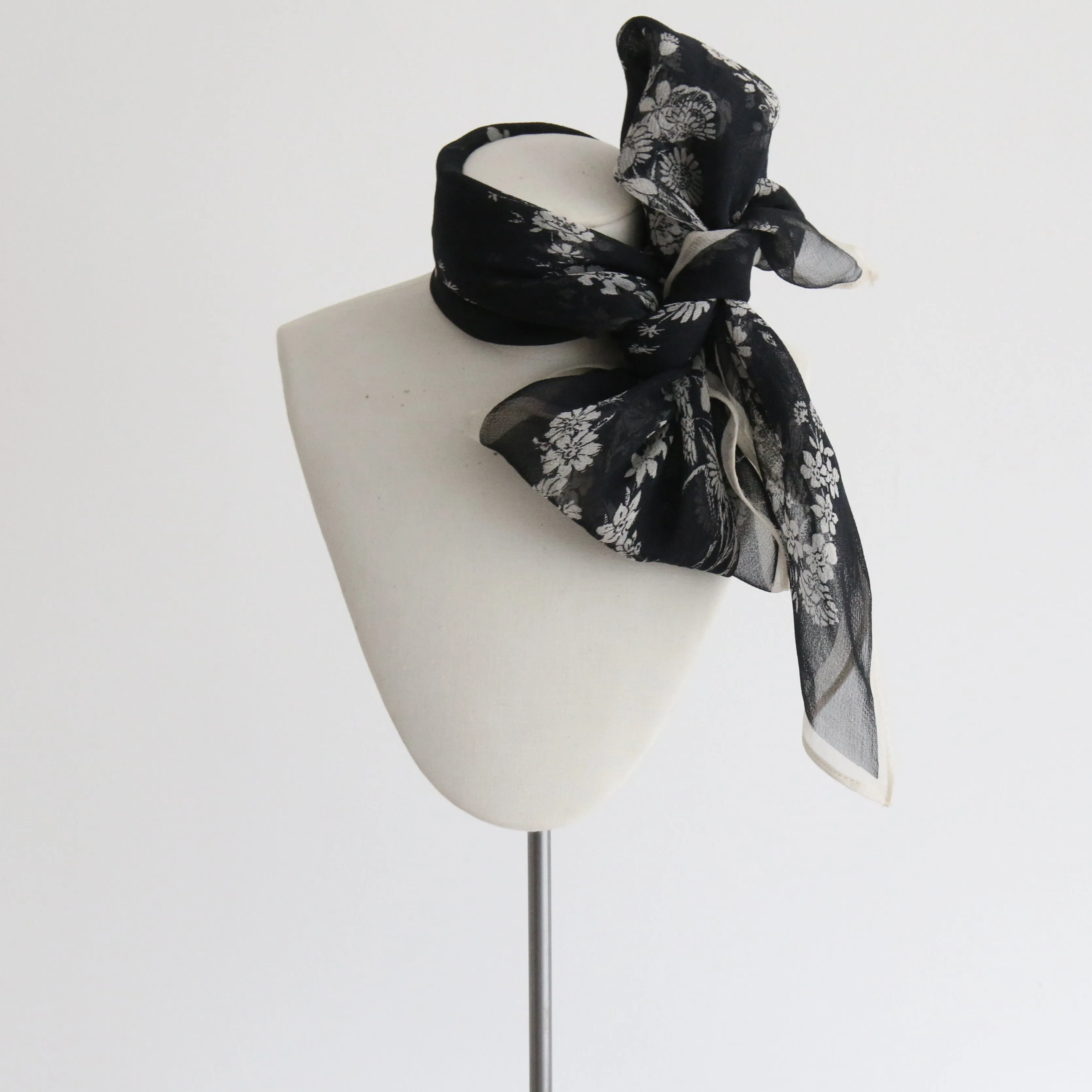 "Monochrome Wildflowers" Vintage 1940's Crepe Silk Monochrome Floral Scarf