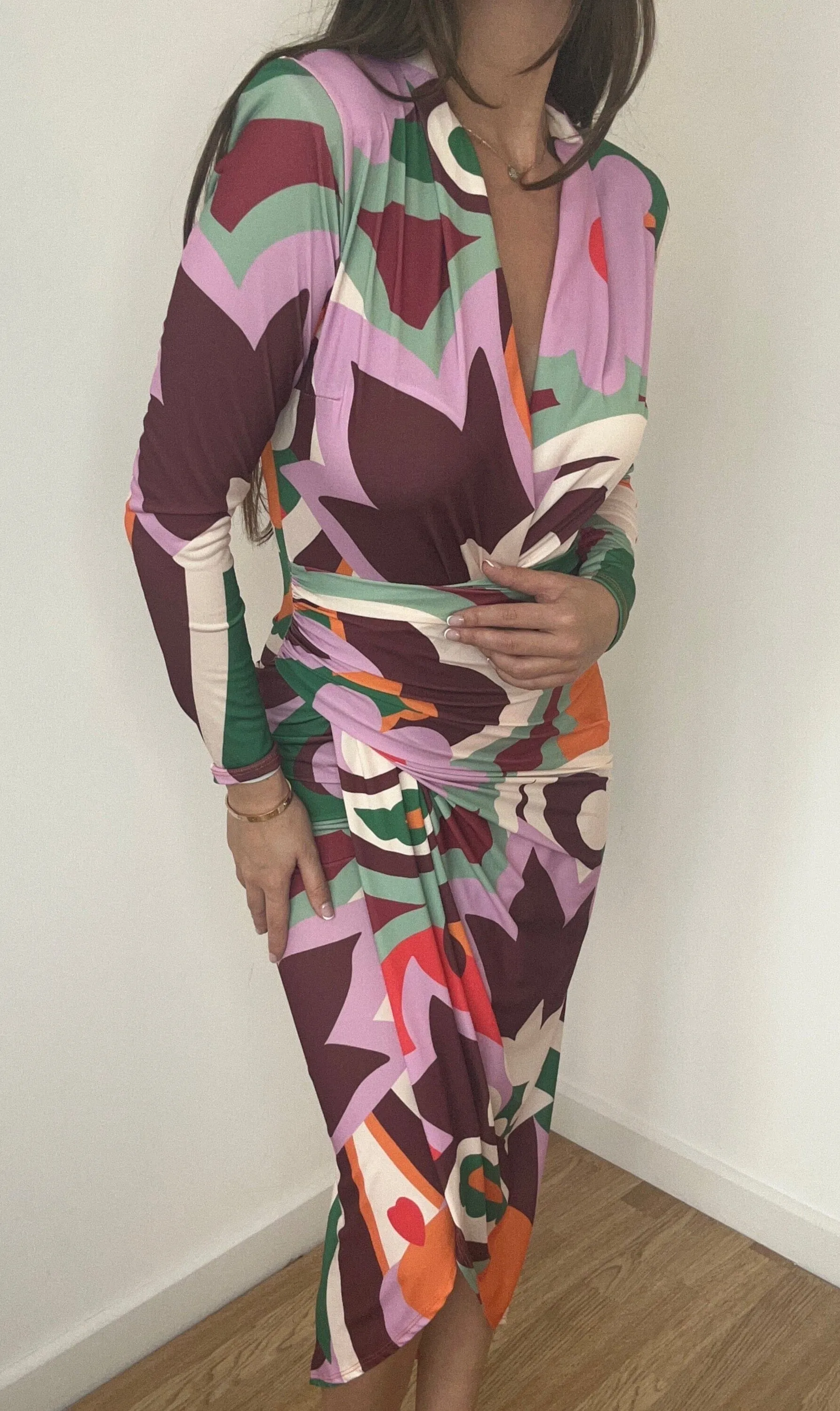 Retro Print Wrap Midi Dress